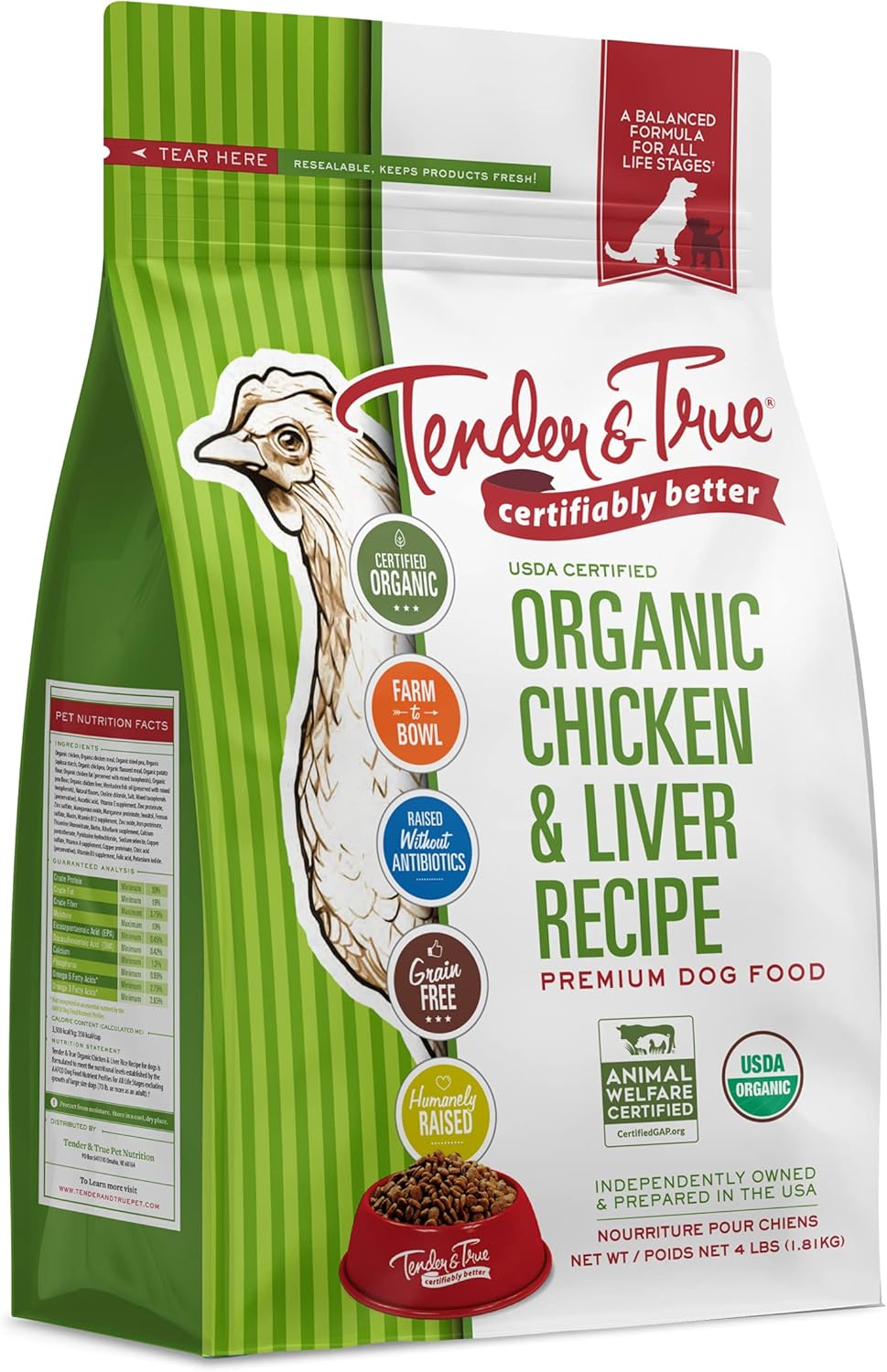 Tender &amp; True Organic Chicken &amp; Liver Recipe Dog Food, 4 lb USDA Organic