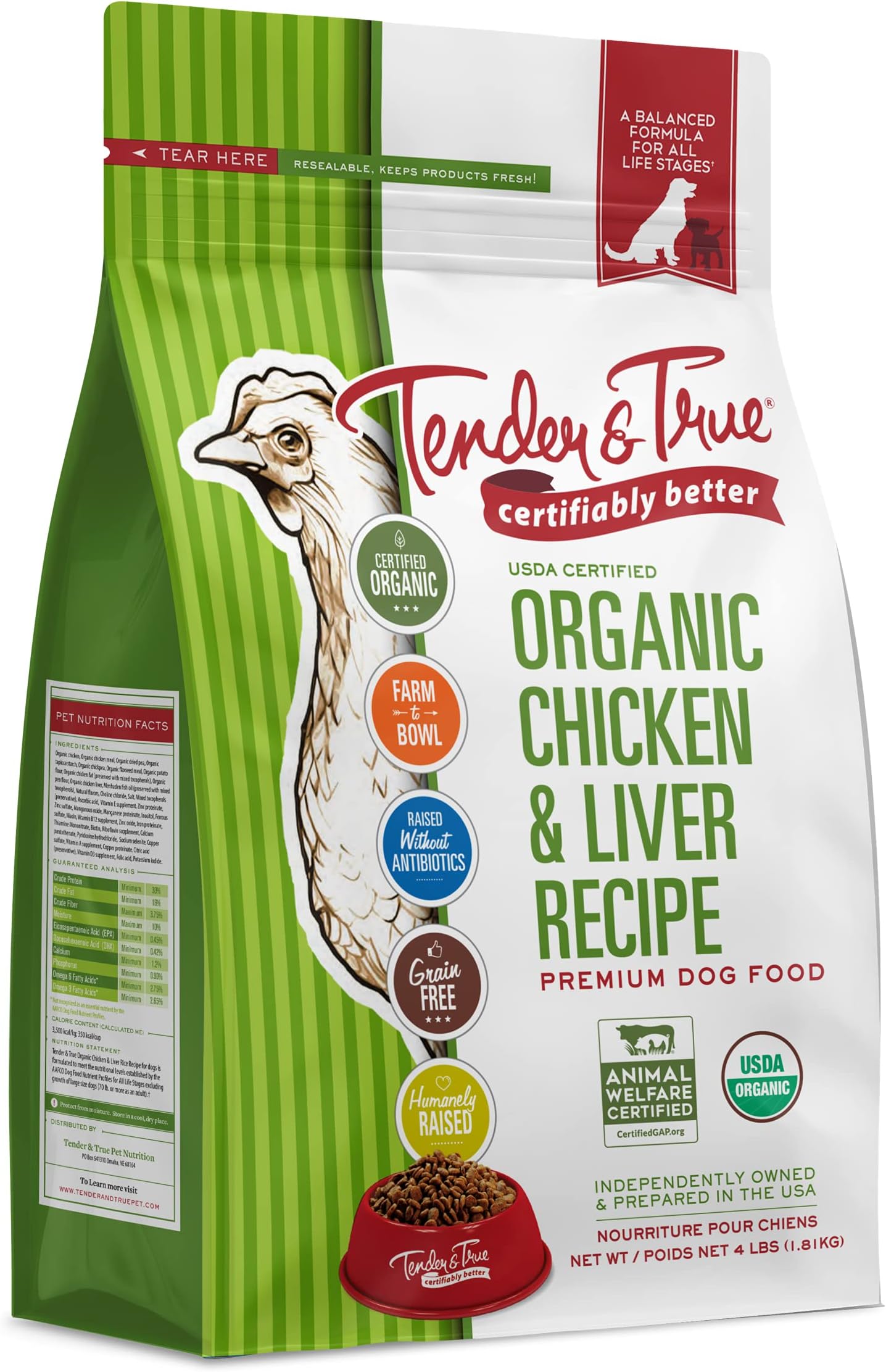 Tender & True Organic Chicken & Liver Recipe Dog Food, 4 lb