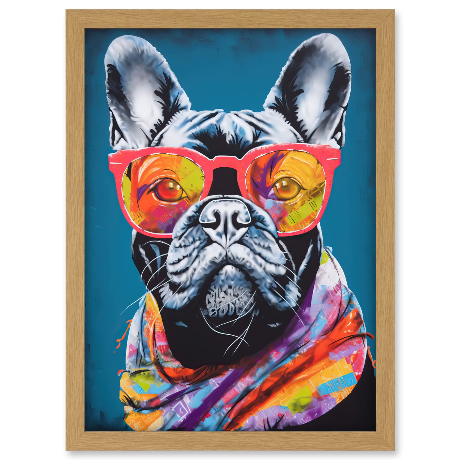 Artery8 English Bulldog with Neon Bandana and Sunglasses Artwork Framed A3 Wall Art Print