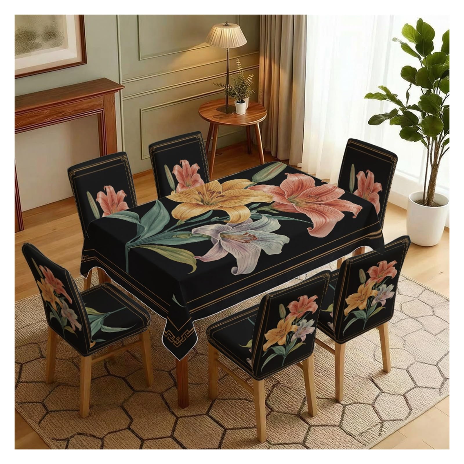 BOSUYBN Vintage Lily Floral Dining Tablecloth & Chair Covers Set, 5/7 Piece Elegant Classic Home Decor Table Setting(7pcs Set: Tablecloth+Chair Covers)
