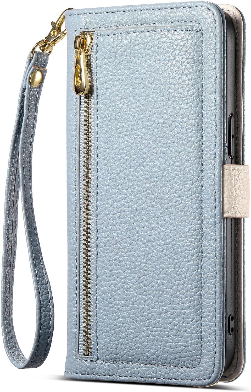 Wallet Case for iPhone 16e with Card Holder Wrist Strap Mirror, PU Leather Magnetic Flip Zipper Phone Cover - Black