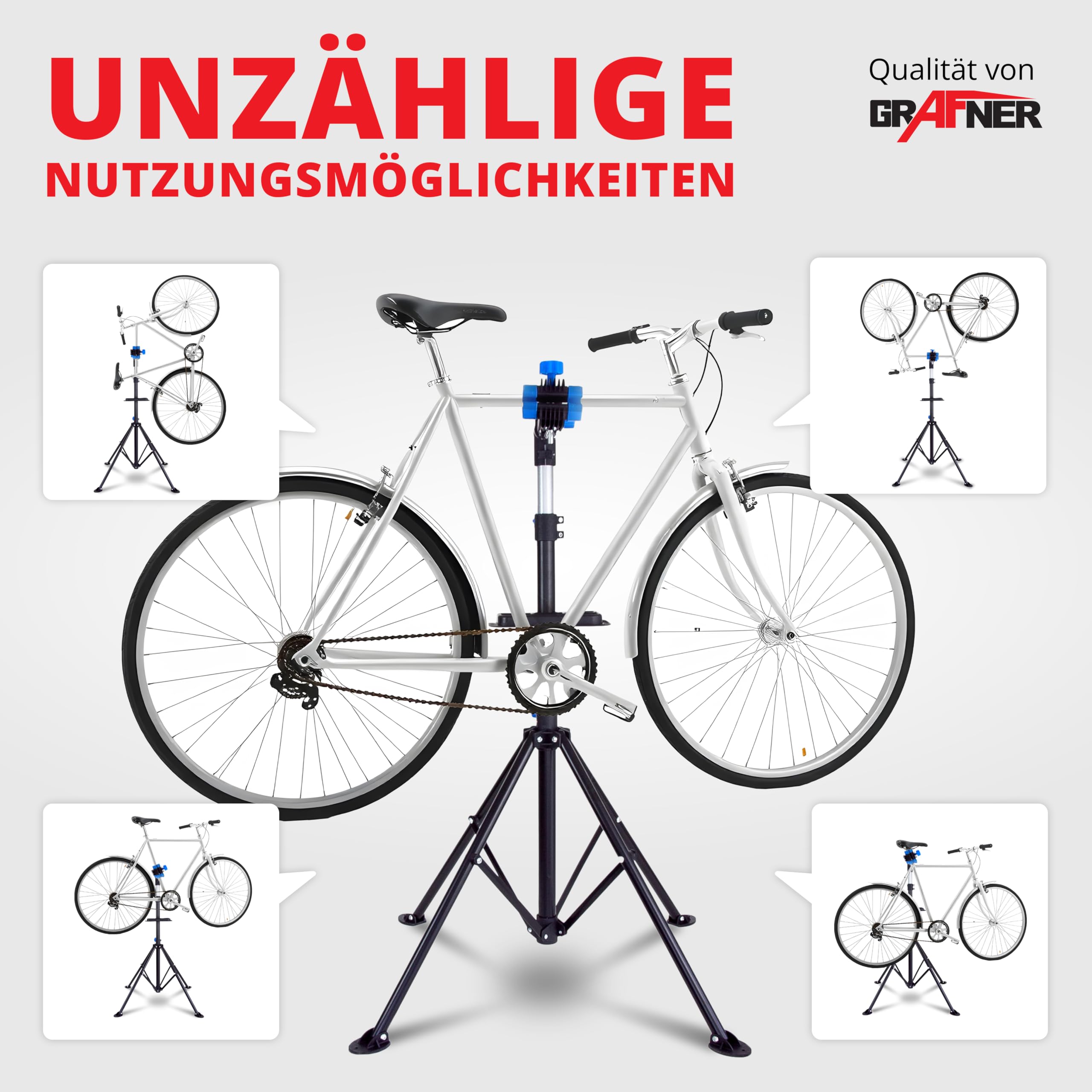 Grafner Montageständer für Fahrräder und Ebike, mit Werkzeugablage 105-190 cm, belastbar bis 30 kg, klappbar & höhenverstellbar, vierbeinig, robuste Ausführung, Reparaturständer Ebike