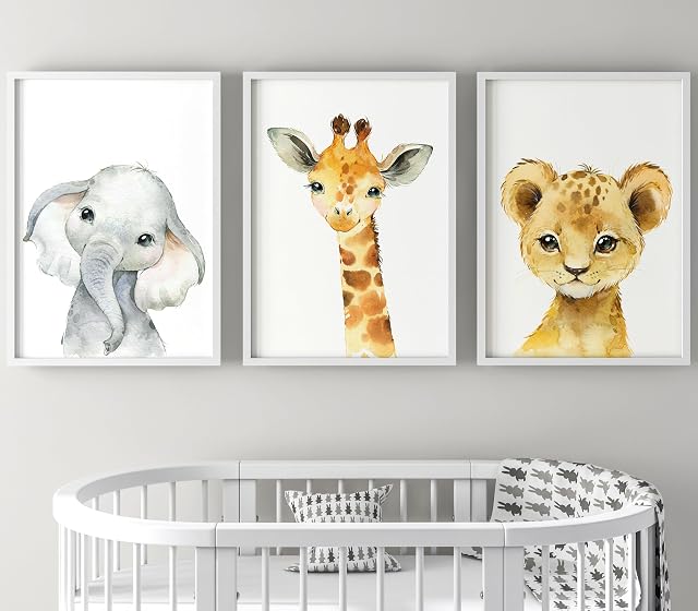 Safari Animals Set of 3 Baby Girl or Boy Nursery Unframed Prints, Bedroom Decor Wall Art Posters, Elephant Giraffe Lion (A4)