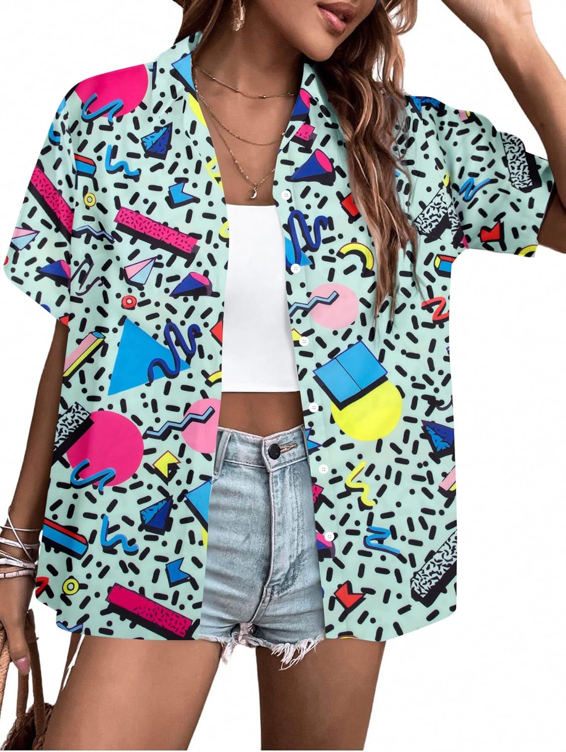80s 90s Outfits for Women Retro 80's Disco Party Shirt Button Down Short Sleeve Tshirt 90's Blouse Hawaiian Tops
