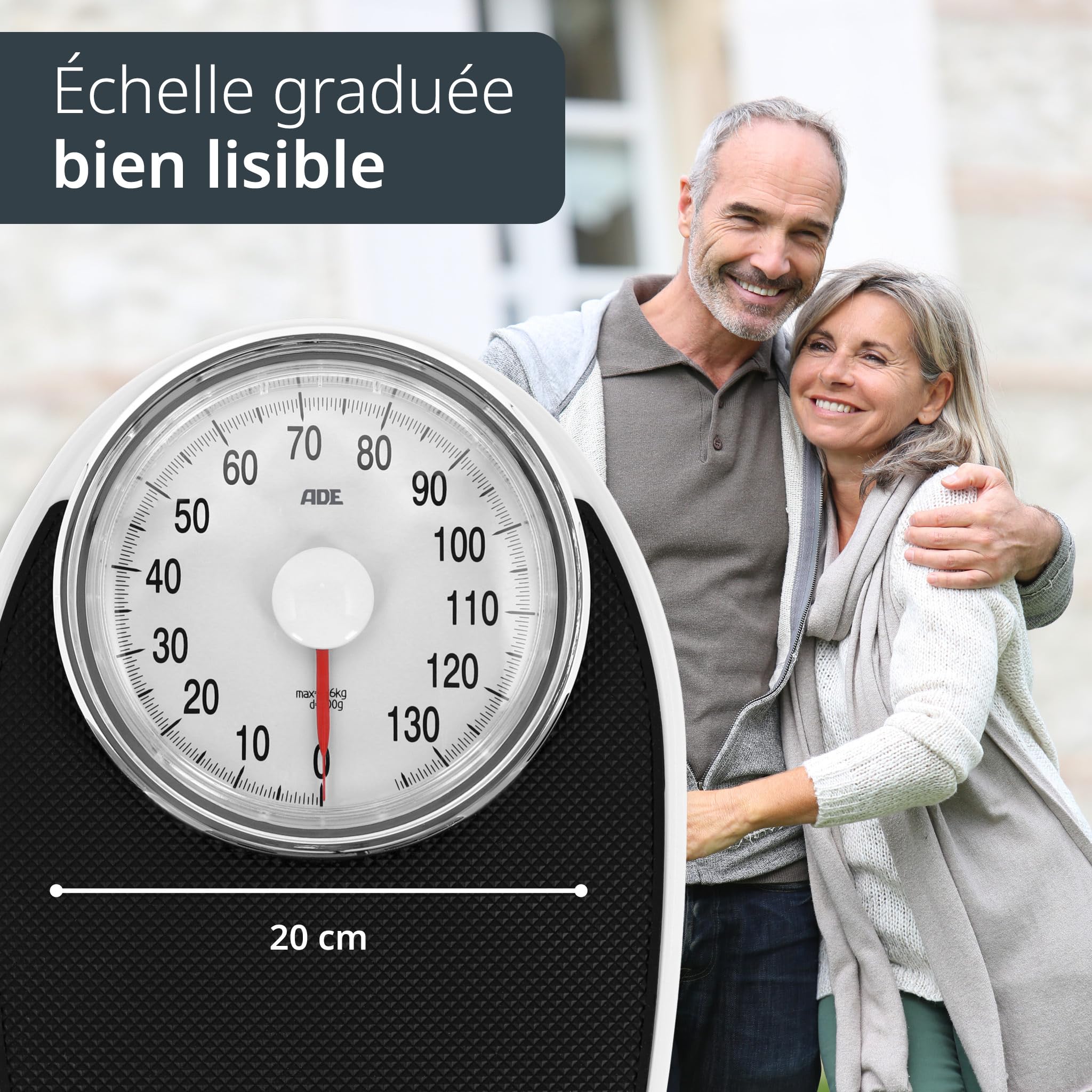 ADE Balance pèse personne mécanique au look retro | fiable et precis | facile à lire | balance analogique avec grand cadran | sans piles | jusqu'à 136 kg | noir