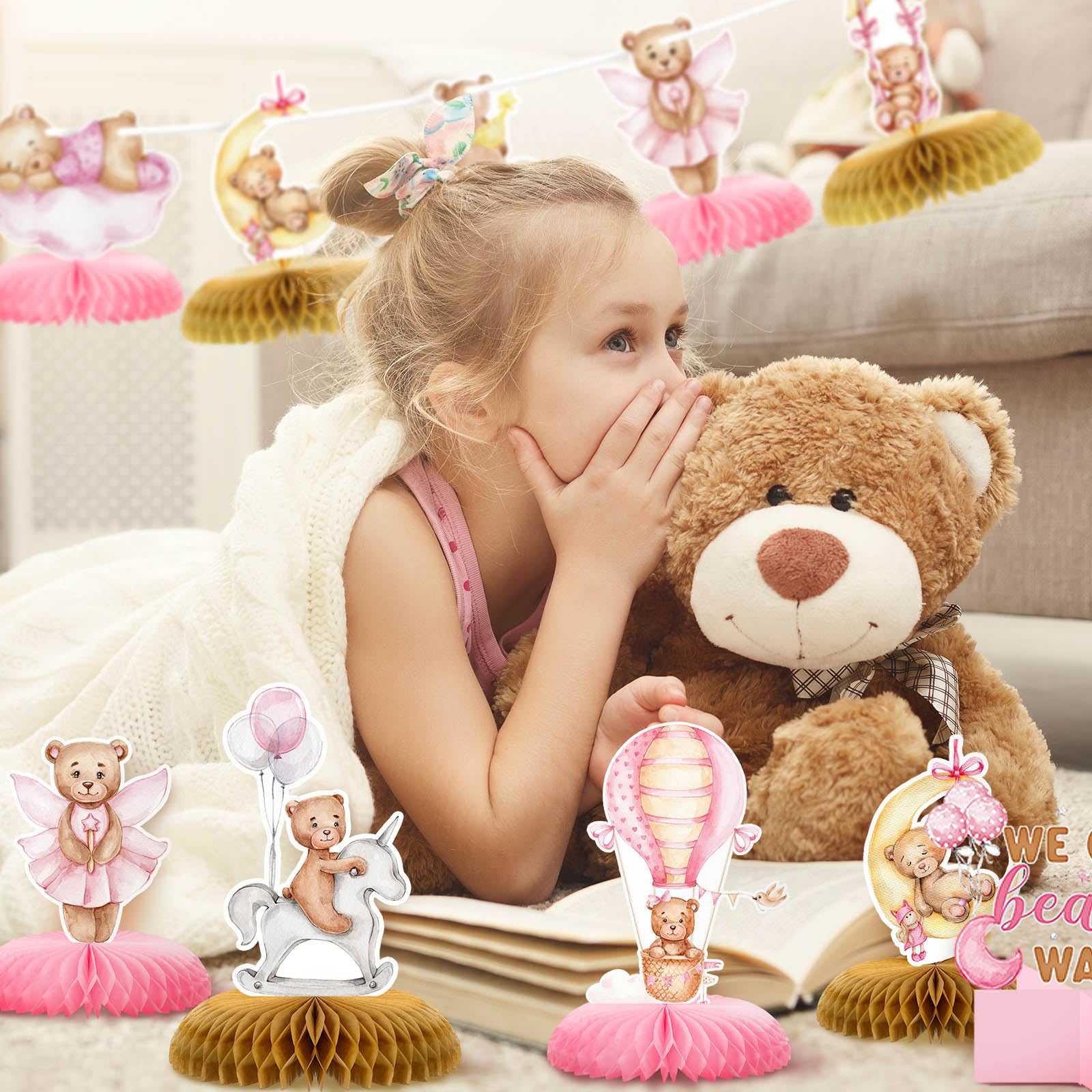 9pcs Pink Honeycomb Centerpiece Decorations Baby Shower