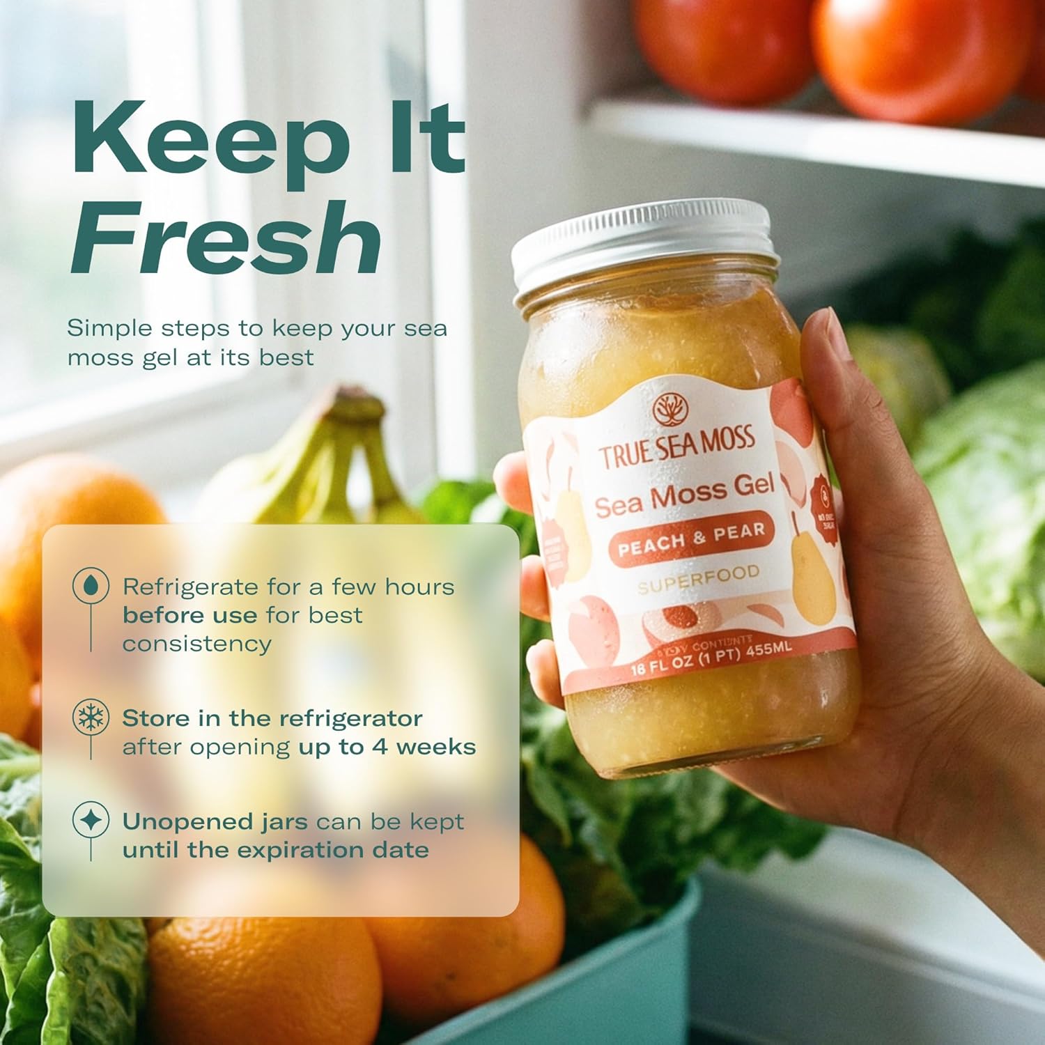 TrueSeaMoss Sea Moss Gel – Made in USA – Wildcrafted Seamoss, Fruits & Jarred Vegetables – Peach/Pear, Pack of 1 (Labels may Vary)