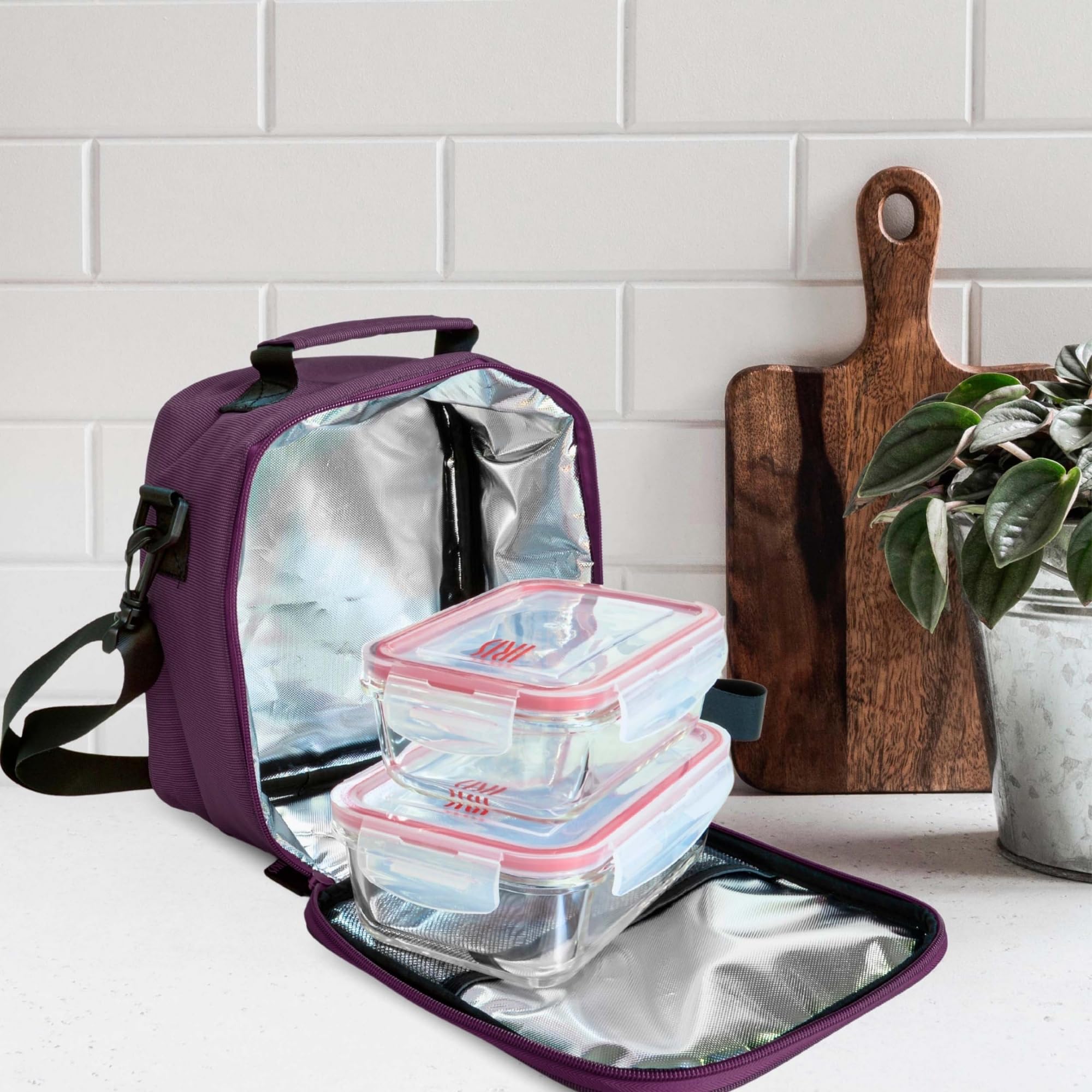 Bolsa Térmica Porta Alimentos 3,8l - Lunch Bag con 2 Tapers de Cristal de 0.57l y 0.84l, Bolsa Isotérmica de Cremallera Doble, Loncheras de Trabajo Impermeable para Oficina, Universidad, Picnic, Lila