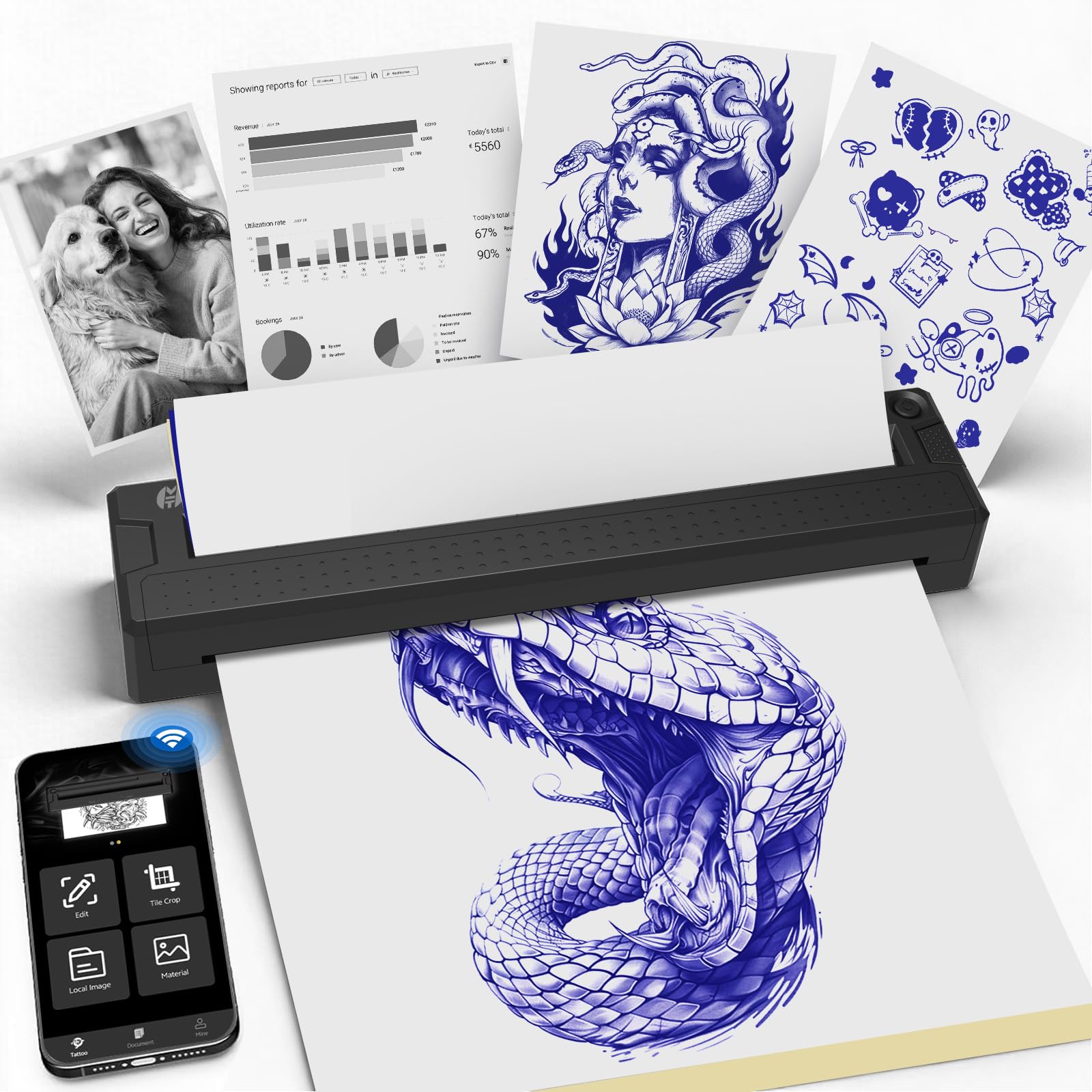 Tatuaje Stencil Printer, 2 en 1 Wireless Bluetooth Thermal Printer for Tattoo Stencils & Documents, Portable Temporary Transfer Machine Kit for Artist & Beginner (Black)