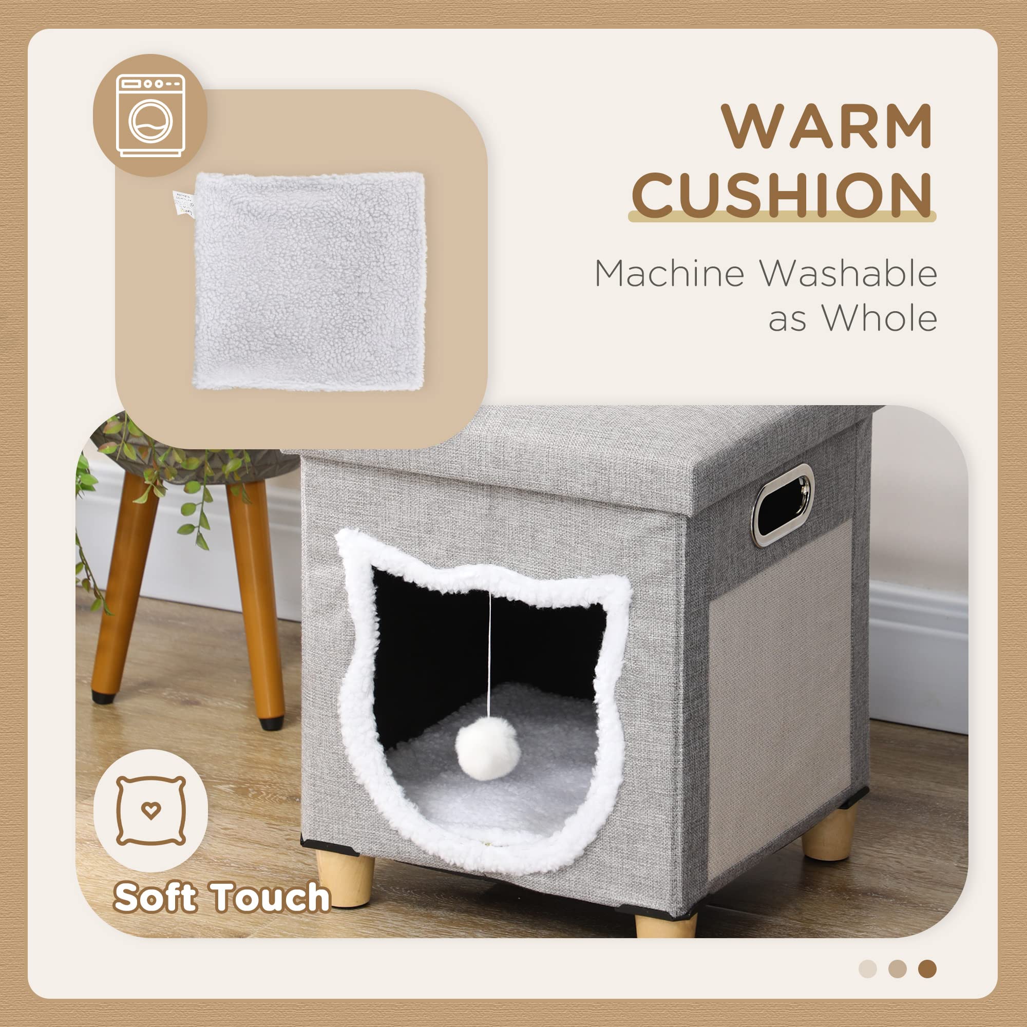 PawHut Cama Cueva de Gatos 2 en 1 Casa para Gatos Interior Tipo Reposapiés con Cojín Extraíble Bola Colgante y Almohadilla para Rascar 35,5x35,5x42,5 cm Gris