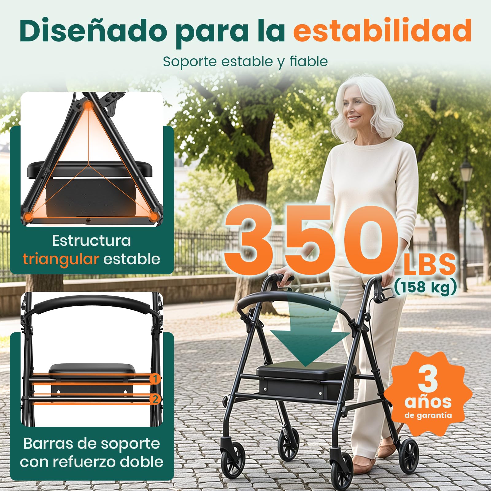 Andador Rollator con Asiento y Almacenamiento – Ayuda de Marcha Ligera y Plegable de 4 Ruedas para Adultos Mayores y Discapacitados, Uso Interior y Exterior, Negro