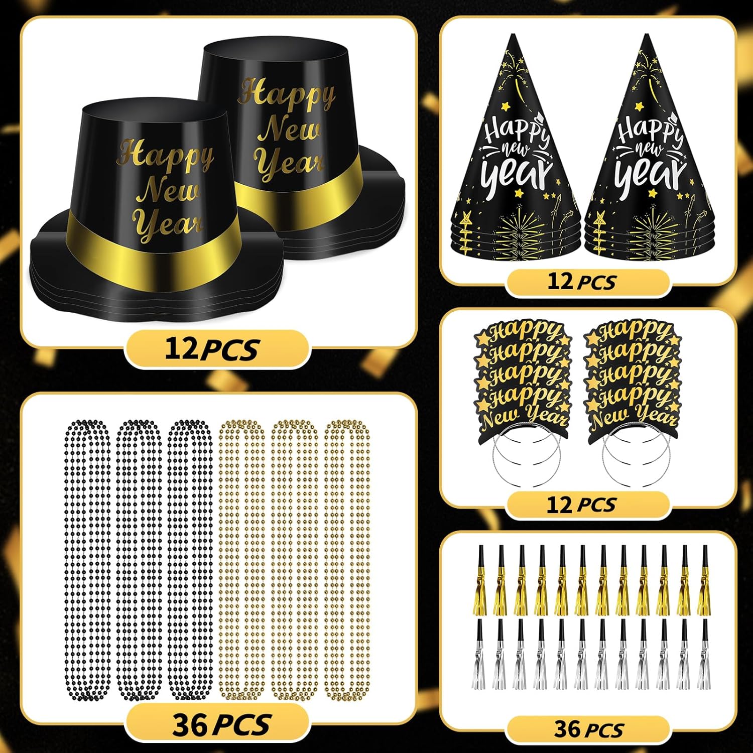 New Years Eve Party Supplies for Guests Includes Top Hats headbands Tiaras Conical Hats Bead Necklaces Squawkers 108