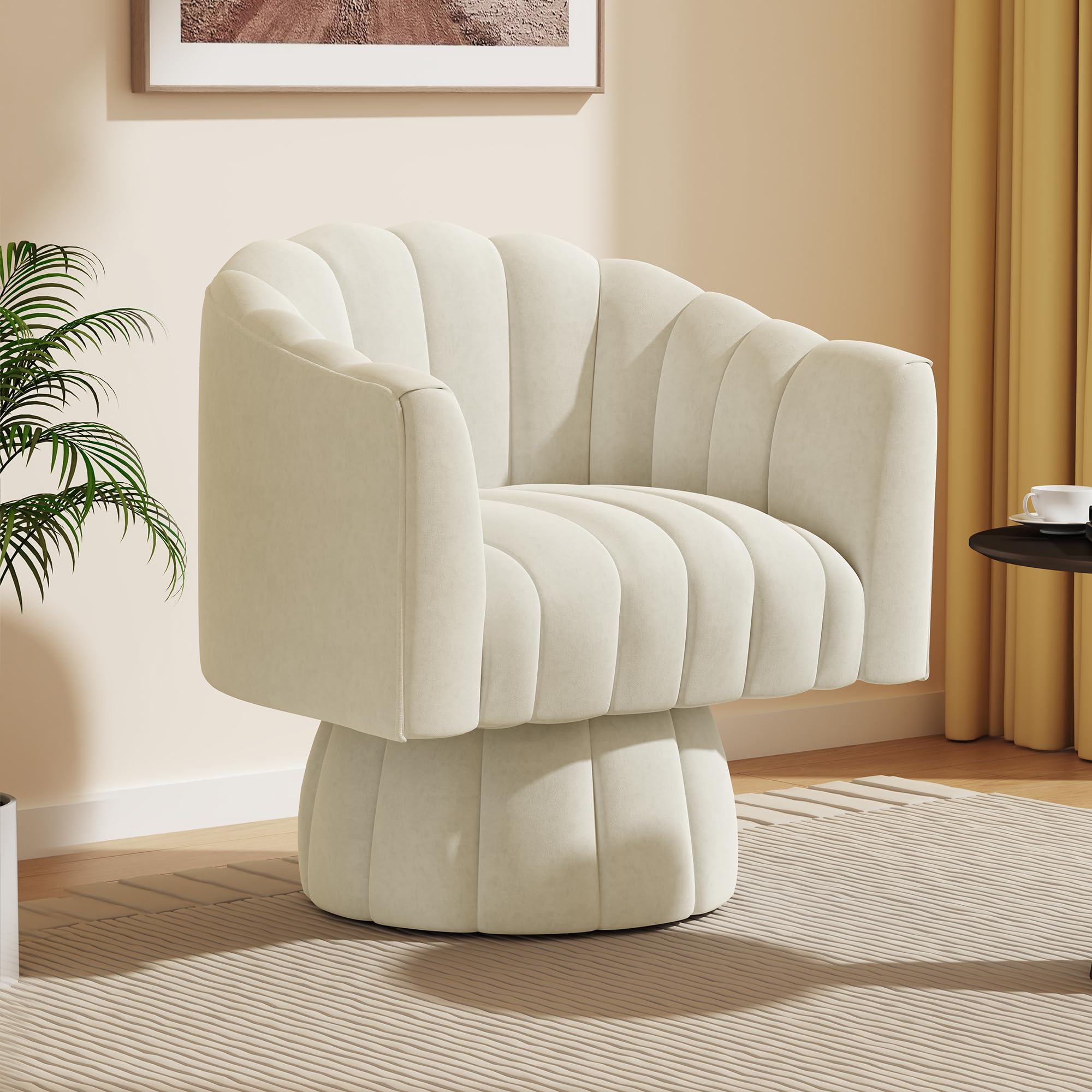 Drehsessel Wohnzimmer Mid Century 360° drehbarer Kuscheltonnen-Akzentsofasessel, runde Sessel mit breit gepolstertem, flauschigem Samtstoffstuhl für Schlafzimmer, Büro(Beige)