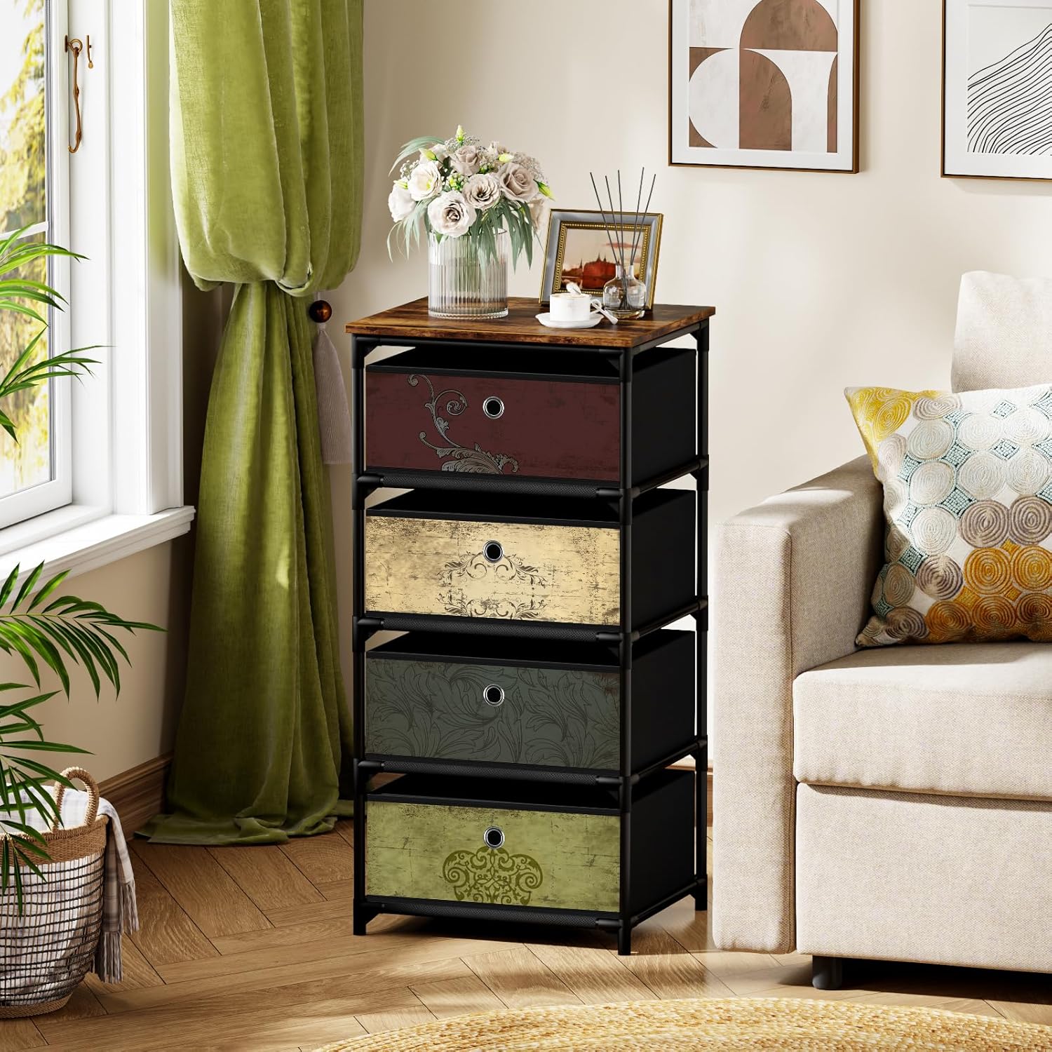 Storage Unit with 4 Drawers, Fabric Nightstand, Clothes Organizer, Craft Storage Chest, Small Pattern Dresser for Bedroom, Living Room, Closet, Entryway, Hallway, Nursery, Dorm-Wood Top