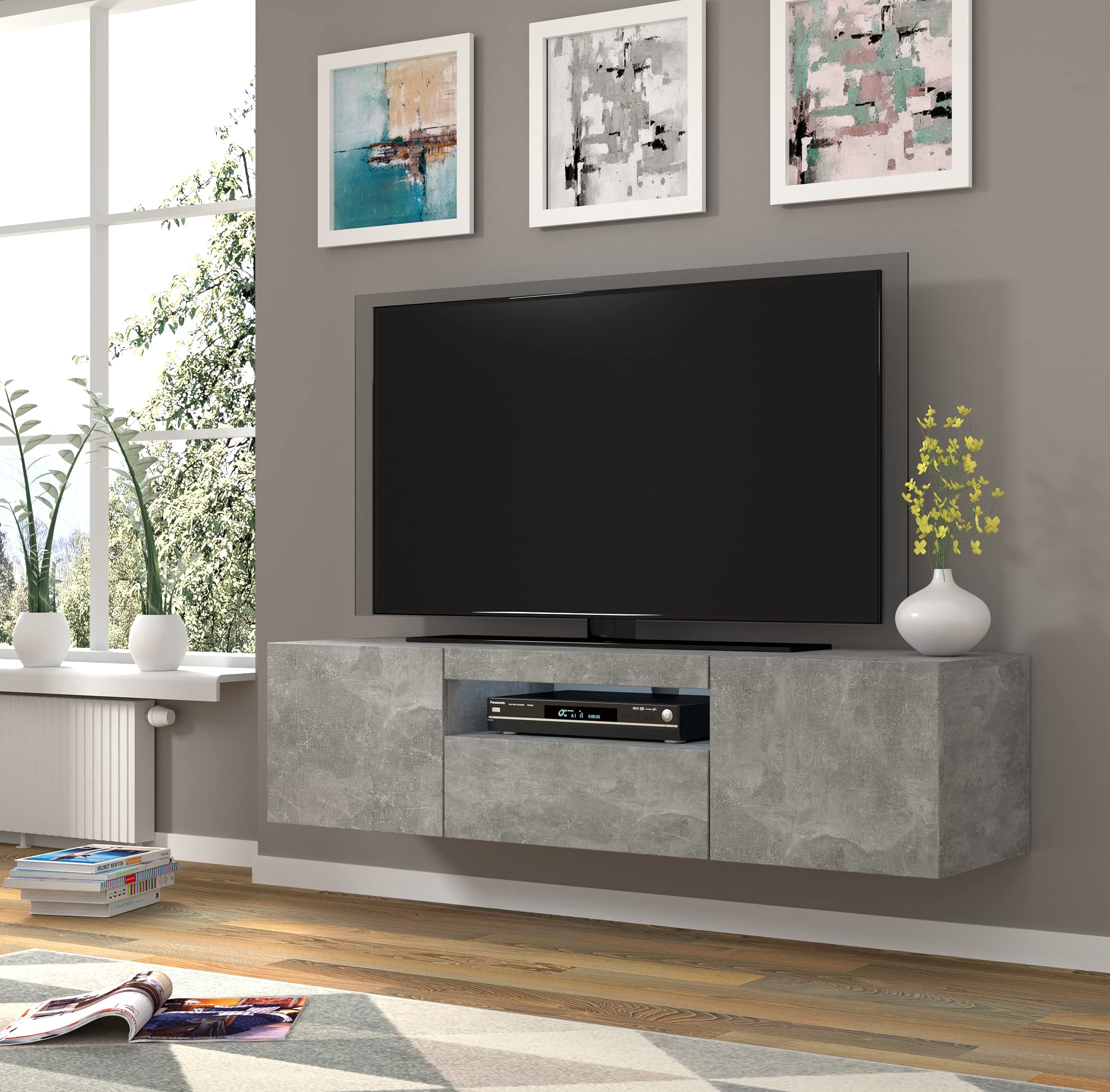 BIM Furniture Lowboard TV 150 cm - Universell Sideboard mit Laminierten Fronten, Hängend oder stehend - Fernsehschrank HiFi Schrank fürs Wohnzimmer Beton
