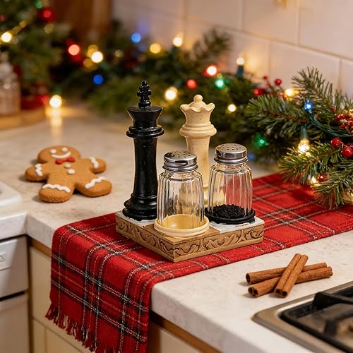 Miniatura 5 de Juego de saleros y pimenteros de ajedrez, tarros de especias de vidrio con soportes de resina para salero y pimentero, decoración retro de cocina