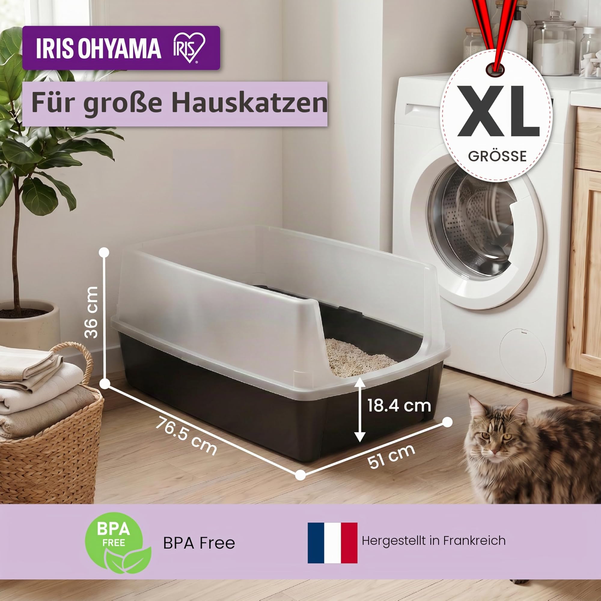 Iris Ohyama, XXL Katzenklo, Katzentoilette Hoher Rand, Schwarz, Großes Katzenklo, Abnehmbare Ränder, Auslaufschutz, Einfache Reinigung, Für Große Katzen, Zwei Katzen, Maine Coon, BPA-frei – CLH-XL