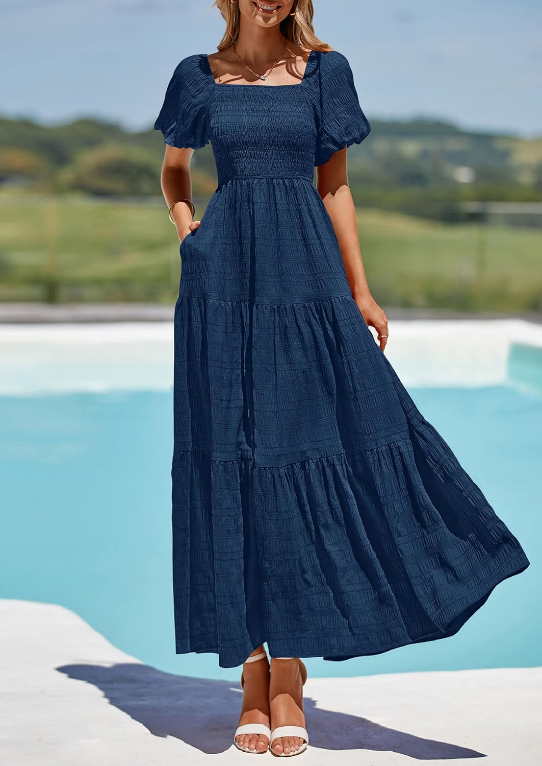 PRETTYGARDEN Womens Summer Puff Short Sleeve Maxi Dress Square Neck Smocked Tiered Ruffle A Line Long Flowy Beach Dresses - Image 6