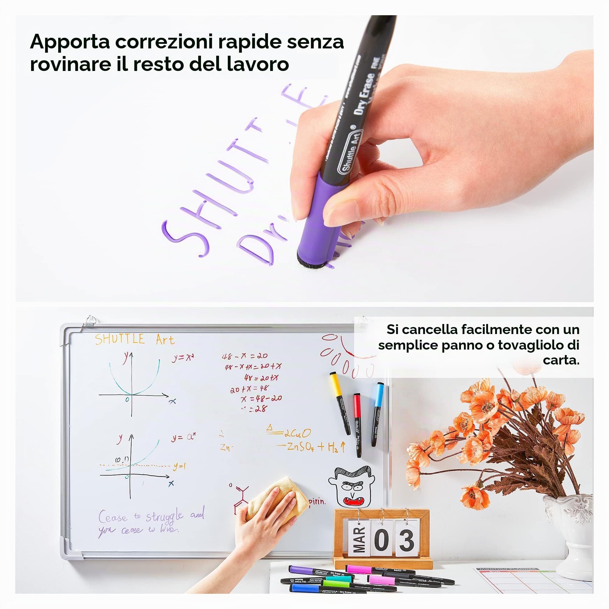 Shuttle Art Confezione da 32 Pennarelli Lavagna Bianca Cancellabile, 16 colori magnetici per lavagna bianca, pennarelli per cancellare a secco con gomma, ufficio, casa