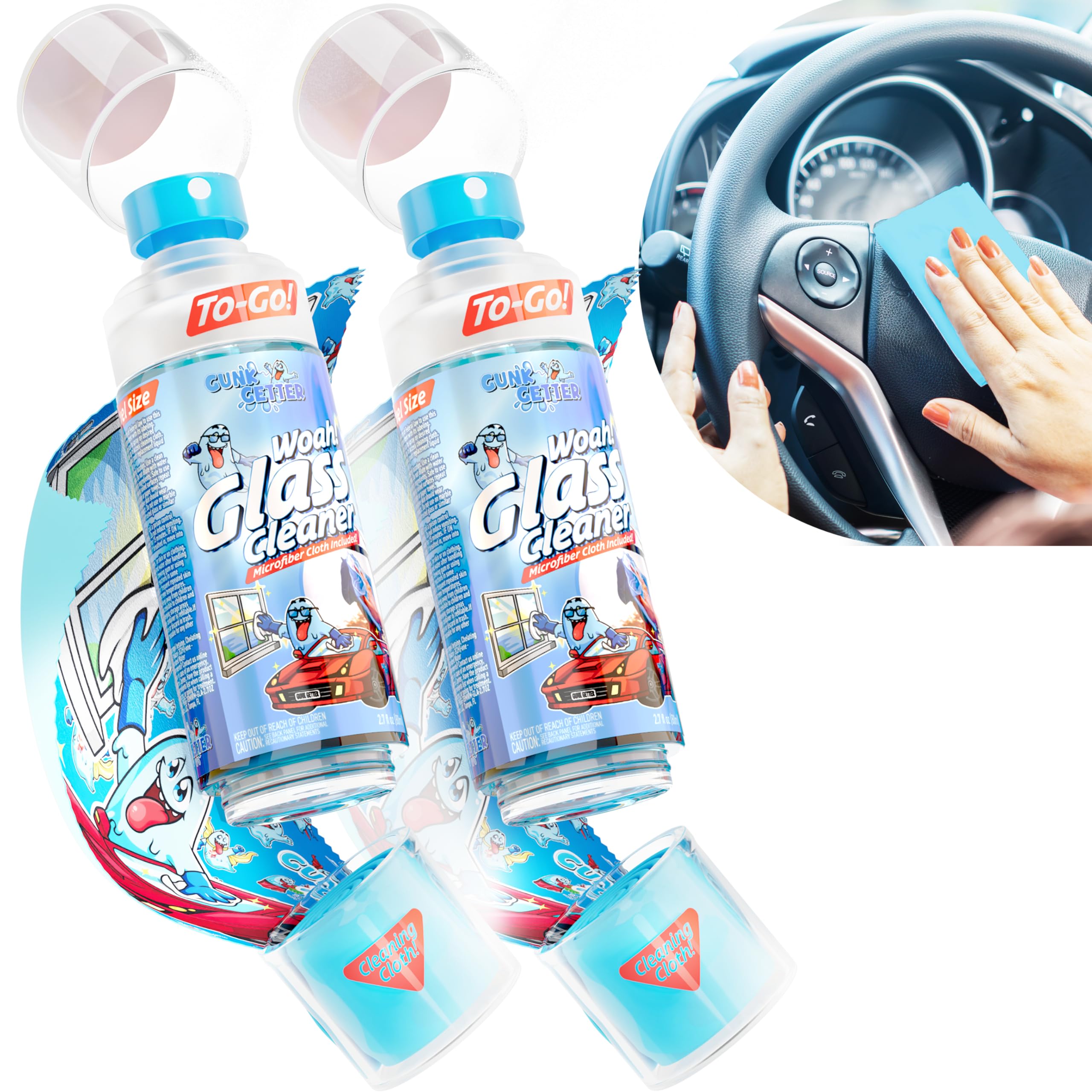 Gunk Getter - Travel Spray Bottle With Microfiber Cap - Glass Cleaner (2 Pack)