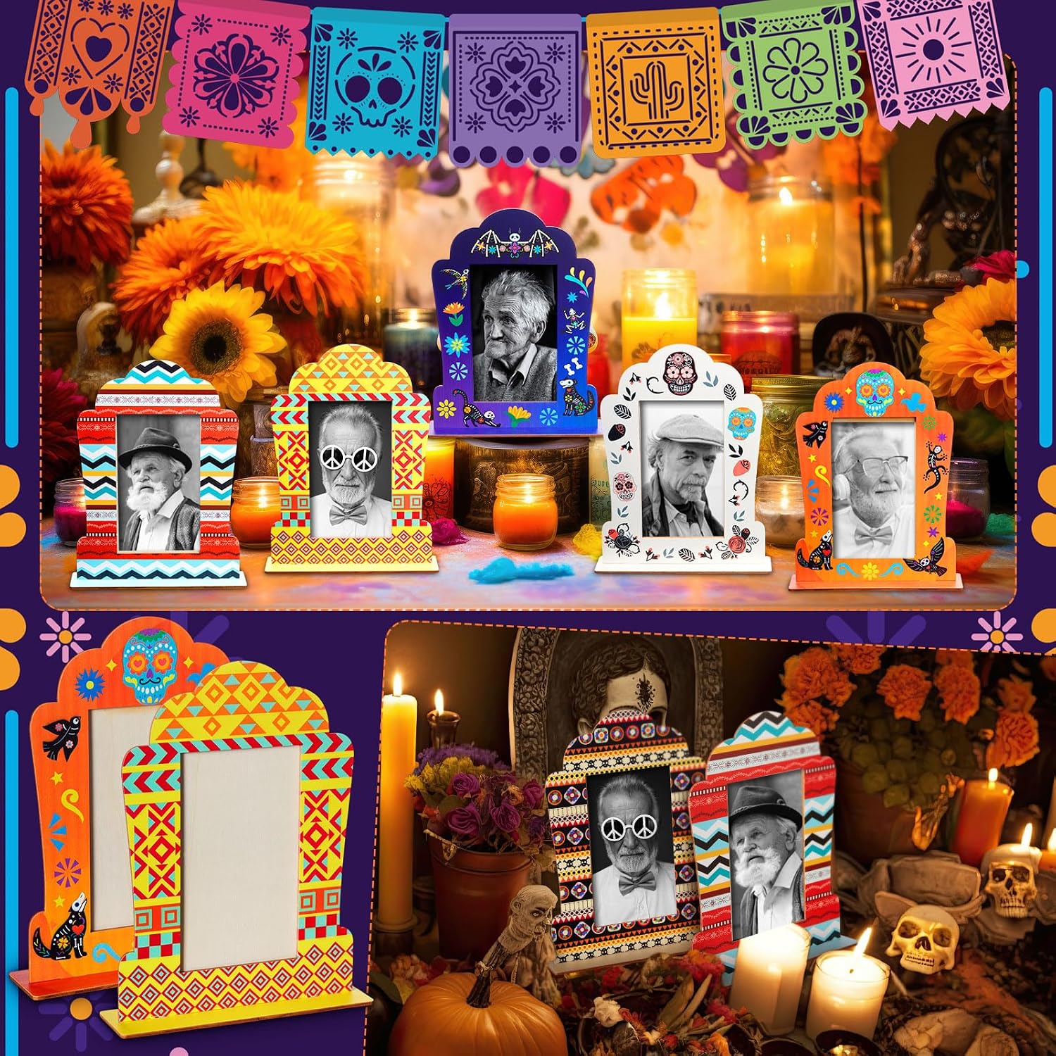 Weysat 24 Sets Day of The Dead Wooden Photo Frames Altar Kit, 2.7x4.7inches