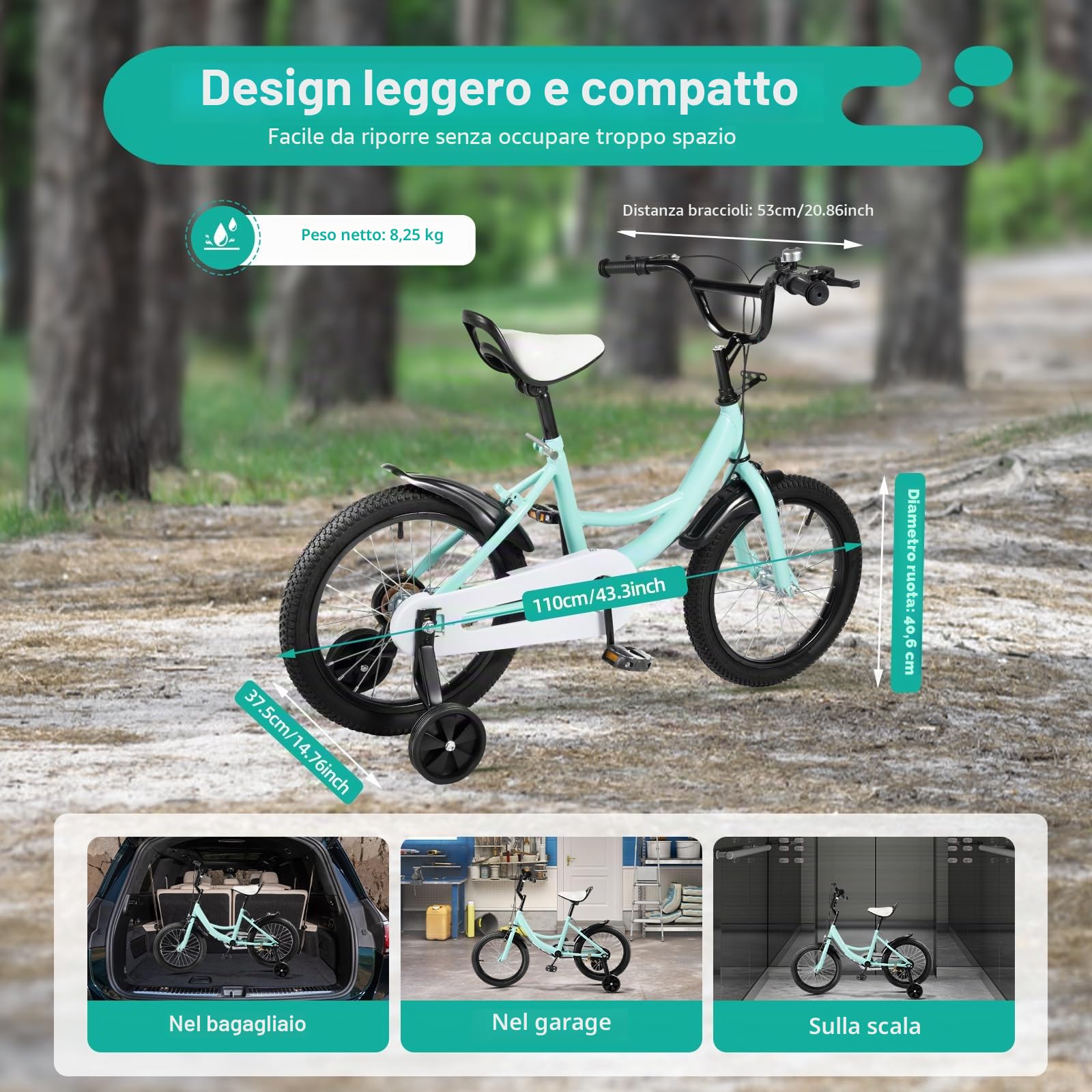 Bicicletta per bambini da 16 pollici, colore verde, bicicletta per bambini dai 5 agli 8 anni (105-135 cm), telaio in acciaio al carbonio, sella regolabile in altezza e manubrio, ruote di