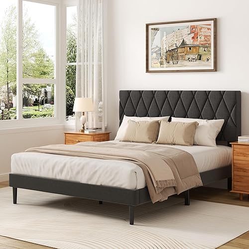 Base de cama tamaño Queen con cabecera capitonada de diamante, cama con plataforma tapizada de lino y soporte de listones de madera, sin ruido, no