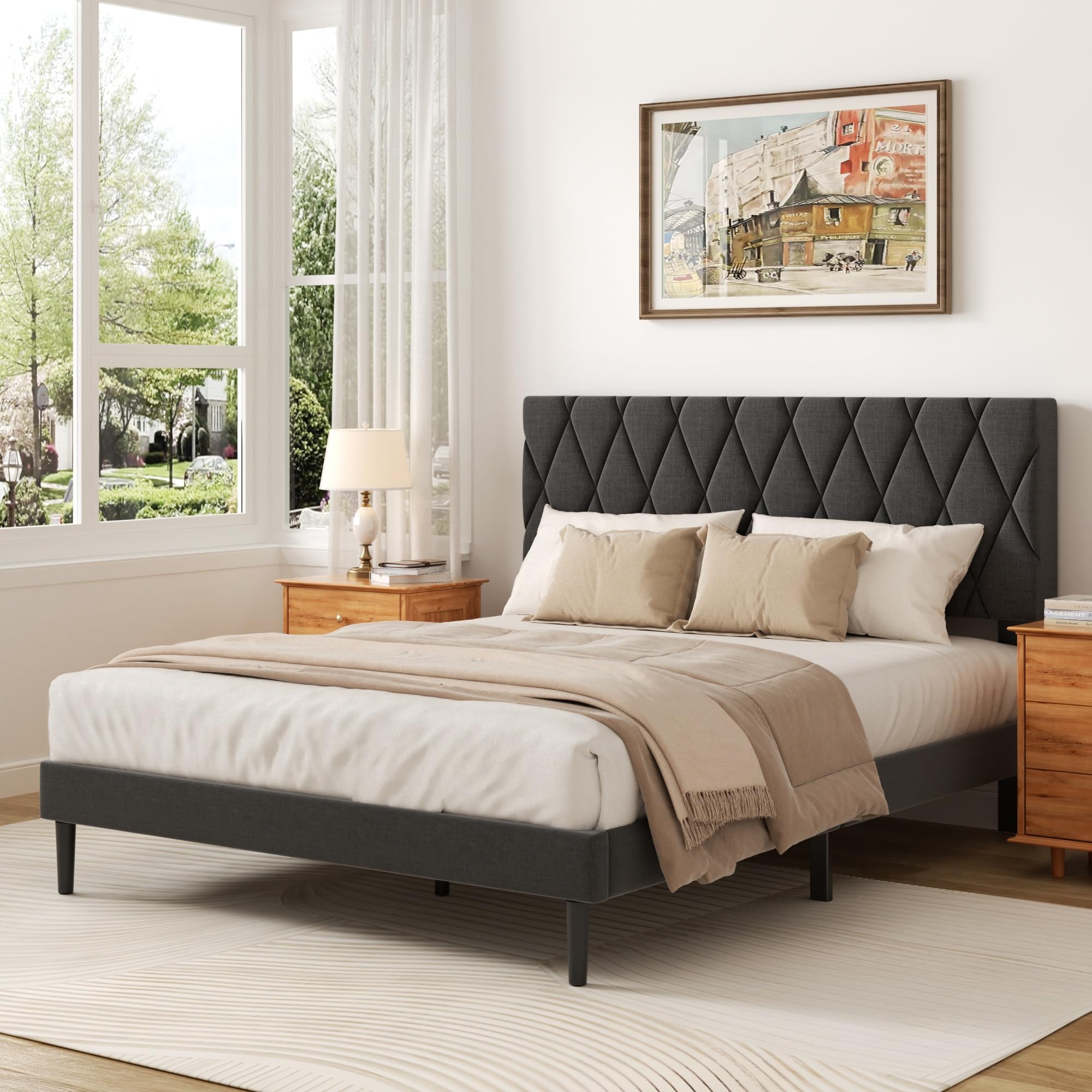 CXVX Full Size Bed Frame with Diamond Tufted Headboard, Linen Upholstered Platform Bed and Wooden Slat Support, Noise-Free, No Box Spring Needed, Easy