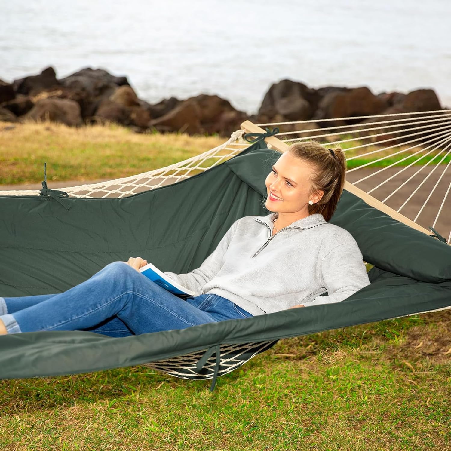 SUNCREAT Hammocks Replacement Hammock for Stand, 475 lbs Capacity, Two Person Backyard Hammock with Pad for Outside, Green Gray