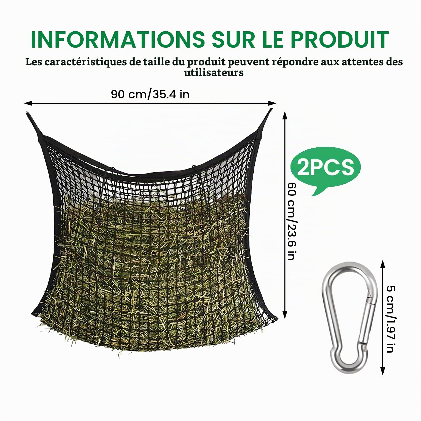 Vegena 2pcs Filet À Foin Pour Chevaux, Filet À Foin Sac À Foin Pour Chevaux Filets À Foin Filet D'alimentation Filet De Nourriture Pour Foin Pour Une Alimentation Adaptée À L'espèce 90 x 60cm