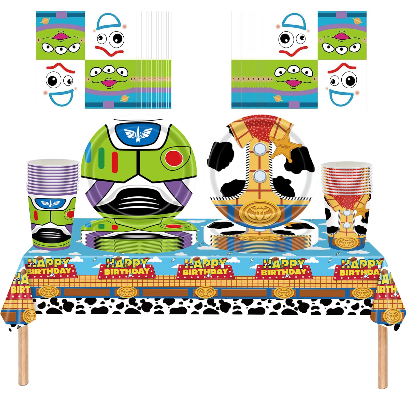Set di 61 pezzi di stoviglie per feste Toy Story, decorazioni per feste di compleanno per bambini, comprensivo di bicchieri, piatti, tovaglia e tovaglioli, per 20 ospiti