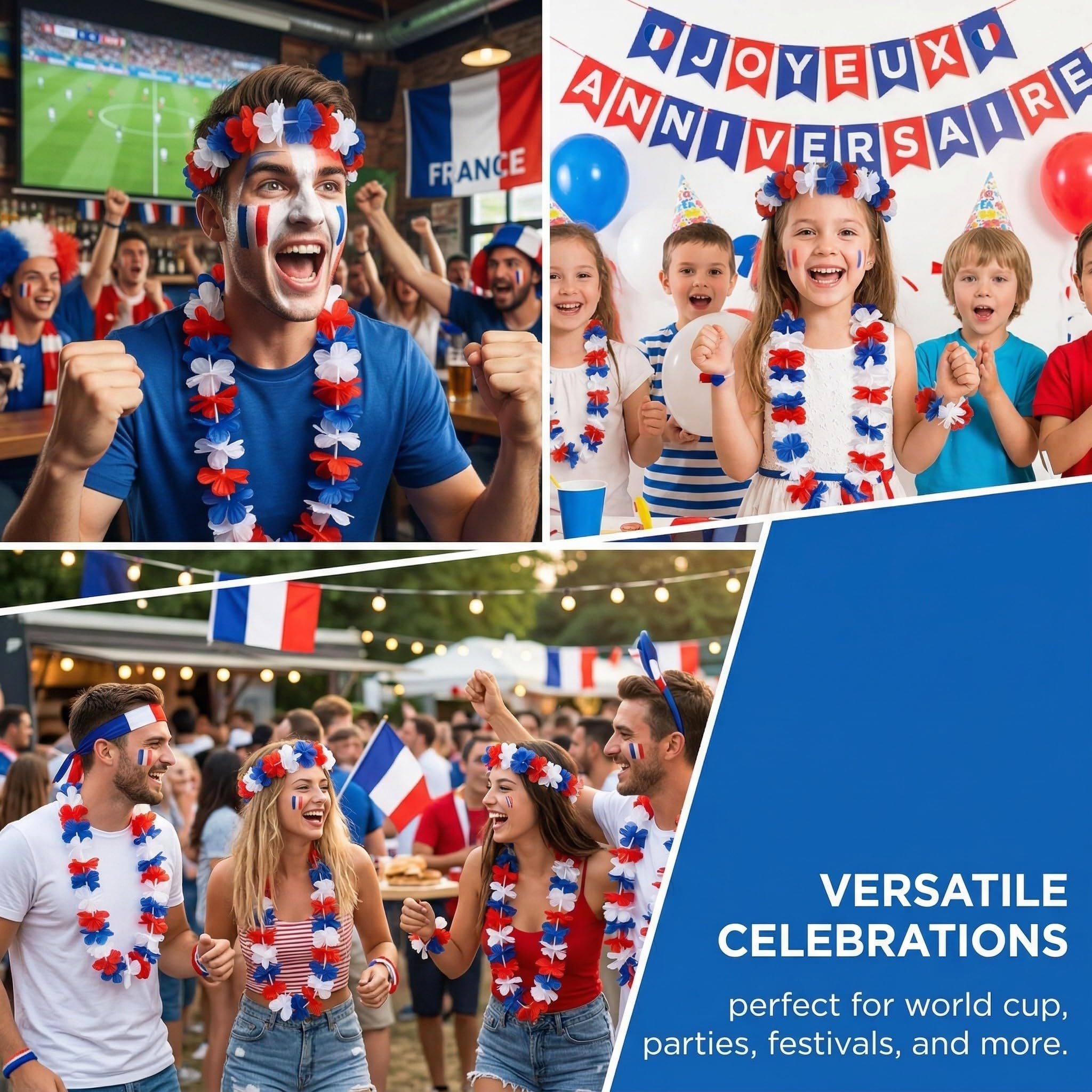 2 ensembles guirlandes hawaïennes France - Comprend bandeau, collier et bracelet, pour décorations de la Coupe du Monde 2026 et articles de football (Bleu Blanc Rouge)