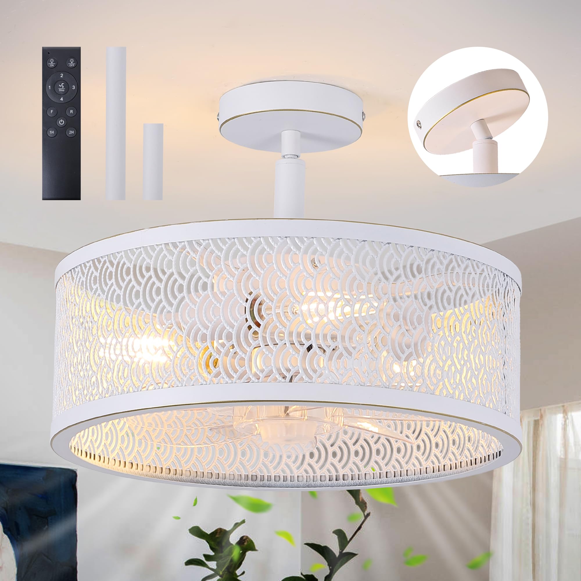 Ceiling Fans with Light and Remote Caged, Whithe 15 inch Modern Industrial Ceiling Fan,Noiseless,4-Speed Adjustable Bladeless Farmhouse Ceiling Fan for Bedroom Living Room Kitchen