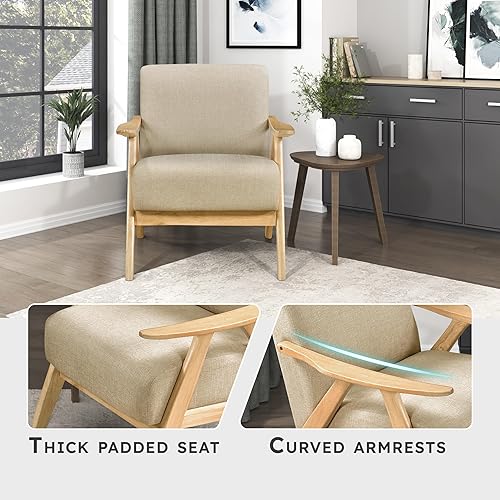 Miniatura 3 de Lexicon Silla decorativa moderna de mediados de siglo con marco de madera maciza en acabado natural, tela texturizada, sillón de sala de estar,