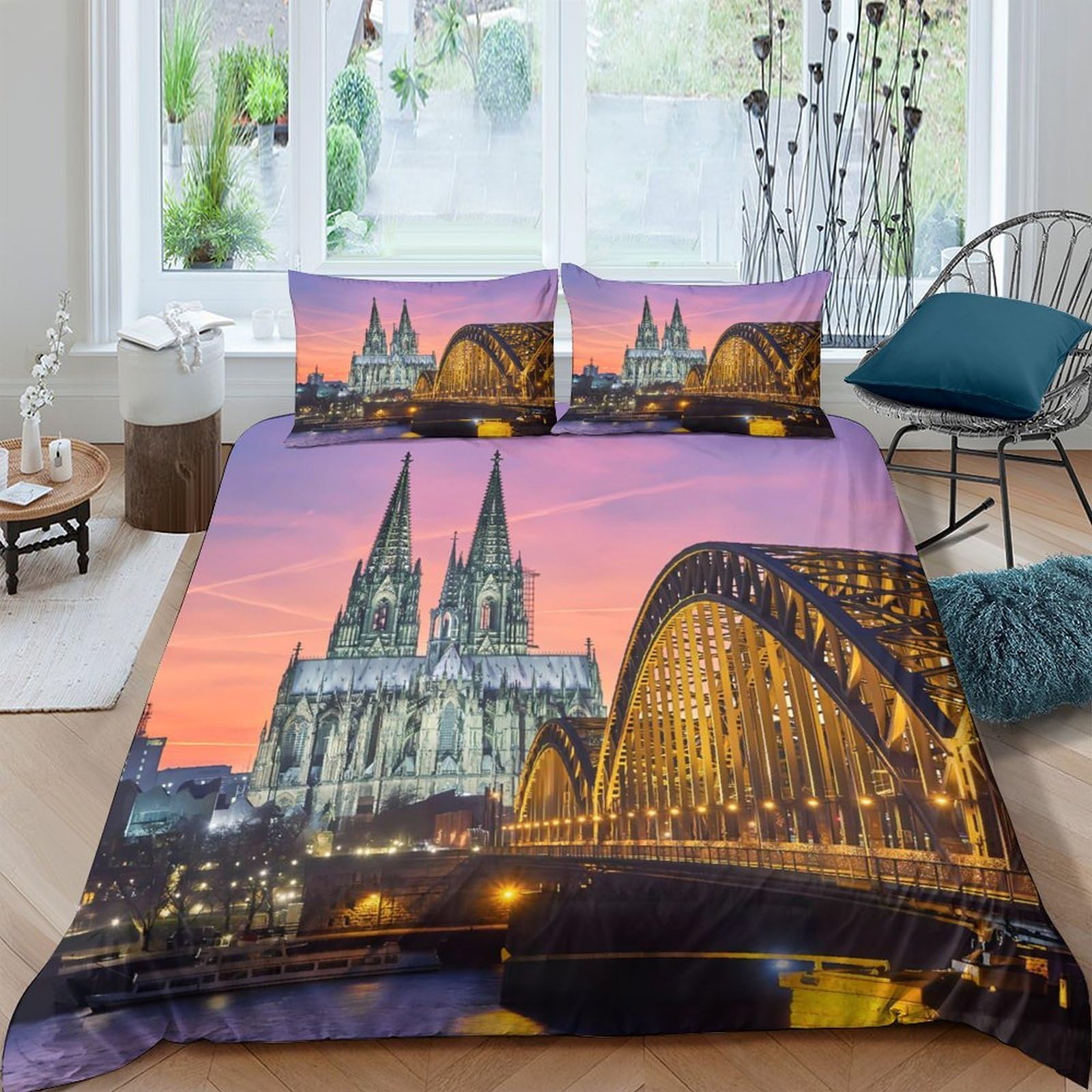 Ctjqhvkz Style-3 3D Printed Cologne Cathedral Fitted Sheet Microfiber Soft Sunset Bridge Mattress Cover For Bedroom Home Decor Single（135X200cm）