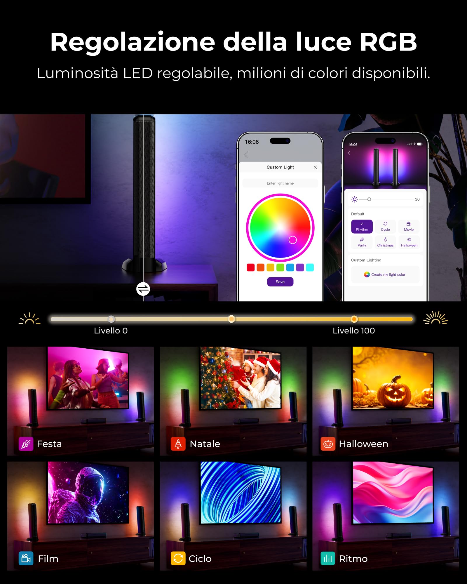 ULTIMEA Soundbar Surround Virtuale 7.1ch, Soundbar TV con Audio Immersivo e 2 Altoparlanti Surround, Luci RGB, Subwoofer da 6,5", Potenza di Picco 410W, App, HDMI, Apollo S70 Ultra