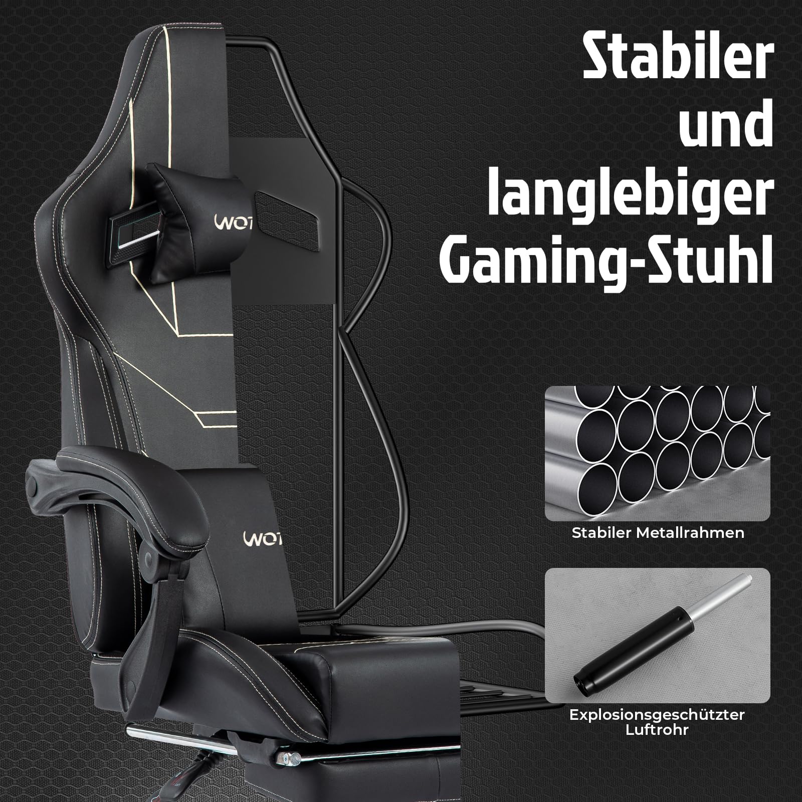 Gaming Stuhl Ergonomisch mit Fußstütze Racing Computerstuhl Höhenverstellbar Gepolstert Bürostuhl Lendenwirbelstütze Schwarz