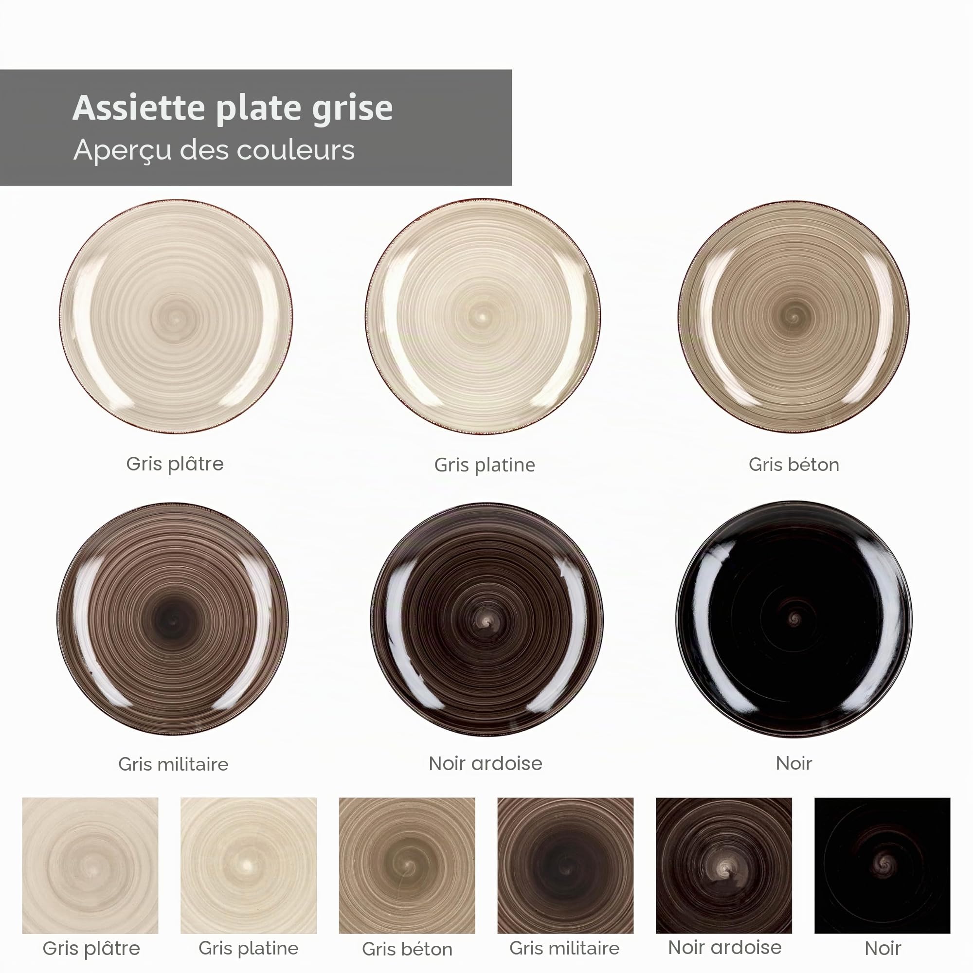 MamboCat Grey Lot de 6 assiettes plates I 6 personnes I Ø 27 cm I 6 différents tons de gris I Décor tourbillon I Assiettes plates I Vaisselle en grès