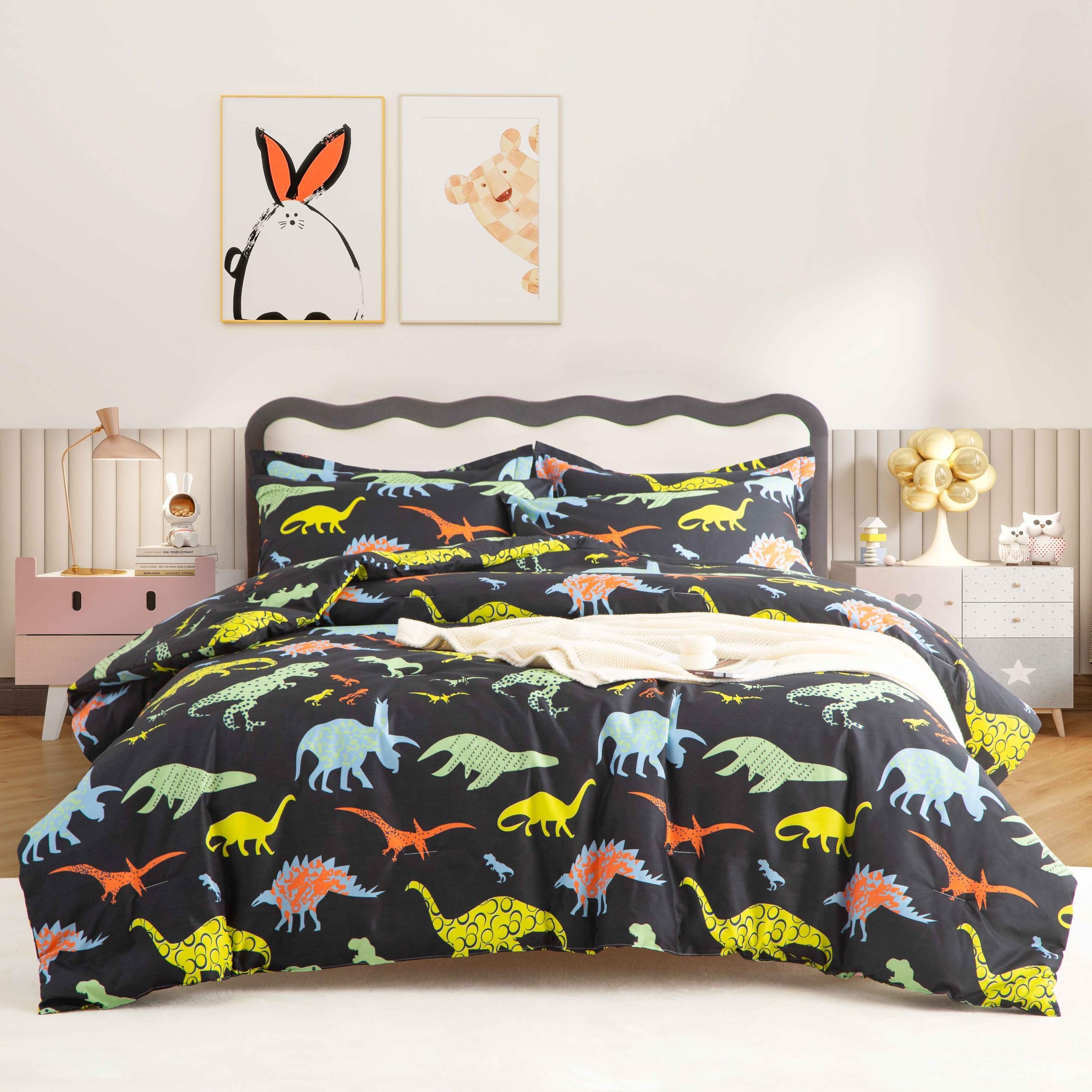 SDY 7PCS Dinosaur Comforter Set Twin Size Cute Printed Comforter Sets Bed in a Bag for Toddler,Girls Boys and Kids,Dino Bedding with 1Comforter, FlatSheet, FittedSheet and Pillowcases & Shams