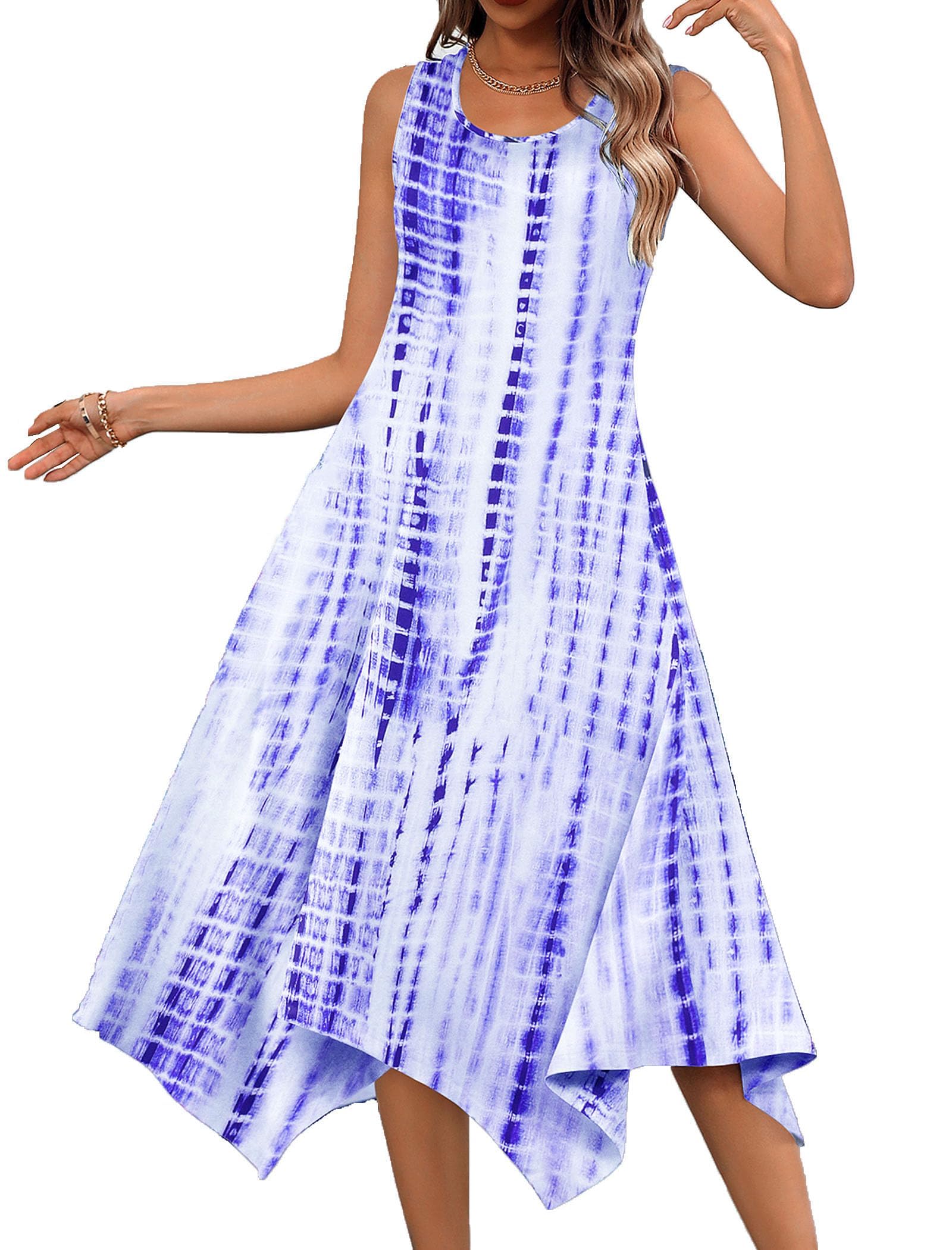 EIRUKON Vestidos Verano Mujer Casual Sin Mangas Cuello Redondo Estampado de Flores Vestido Vacaciones Midi Vestidos con Bolsillos
