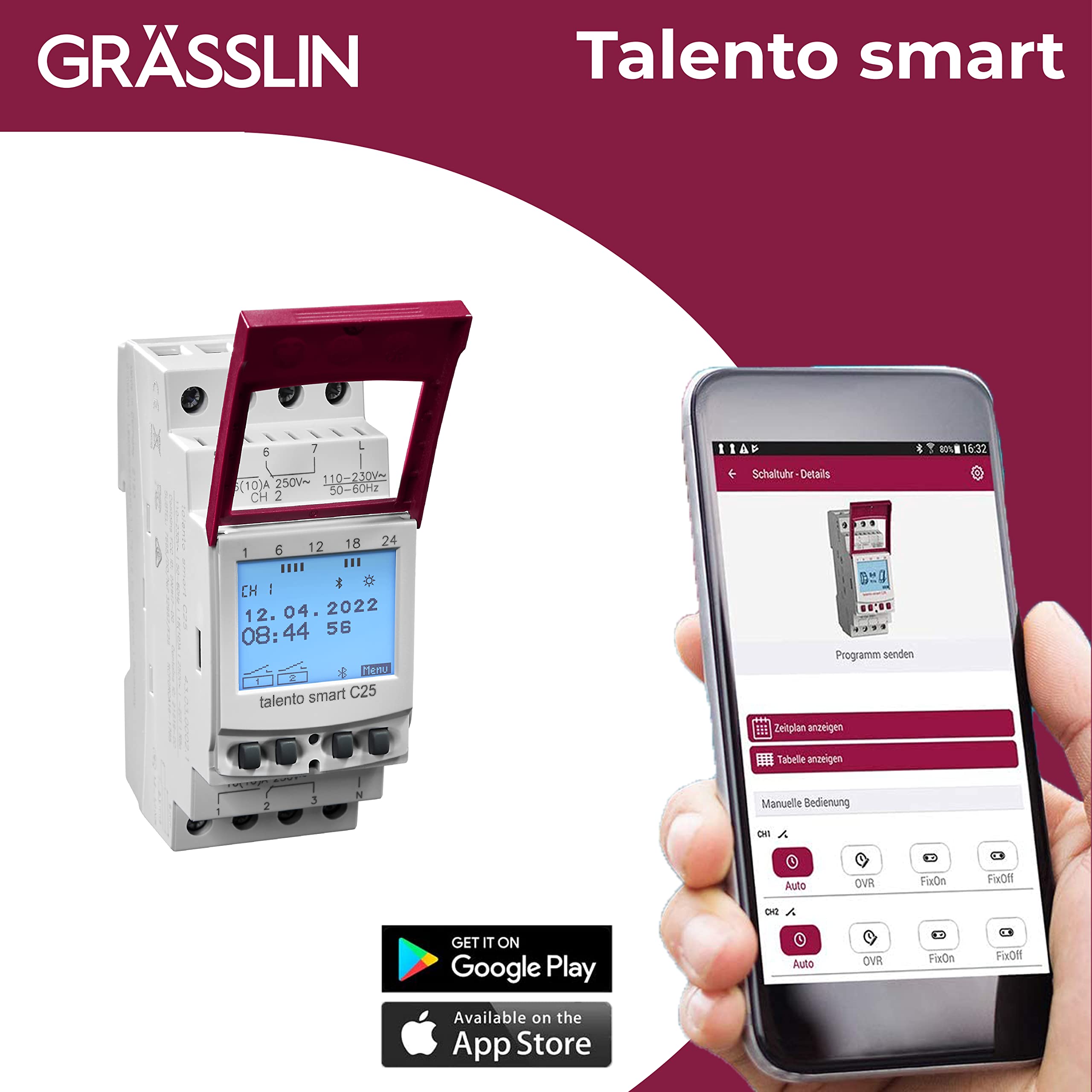 43.03.0002.1 talento smart C25 2-Kanal-Astro-Zeitschaltuhr digital | Bluetooth/App, 2 TE, DIN-Schiene/Hutschiene, 500 Speicherplätze, Wochen-/Jahresprogramm, Impuls/Zyklus, 8 Jahre Gangreserve