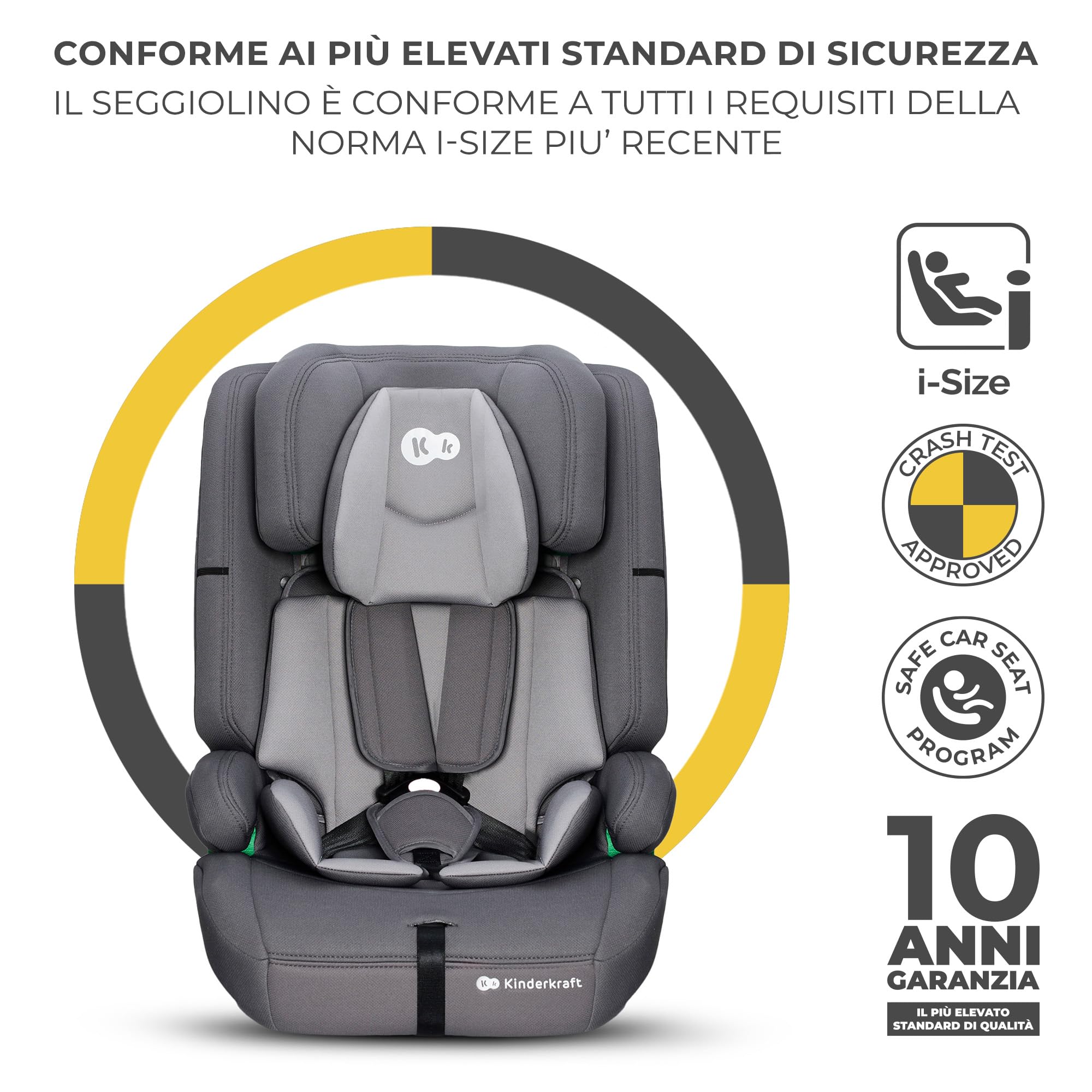 Kinderkraft SAFETY FIX 2 I-SIZE 76-150 cm Seggiolino Auto 9-36 kg isofix, Alzatina auto bimbi, Poggiatesta regolazione, Cinture di sicurezza, Facile da pulire, Grigio