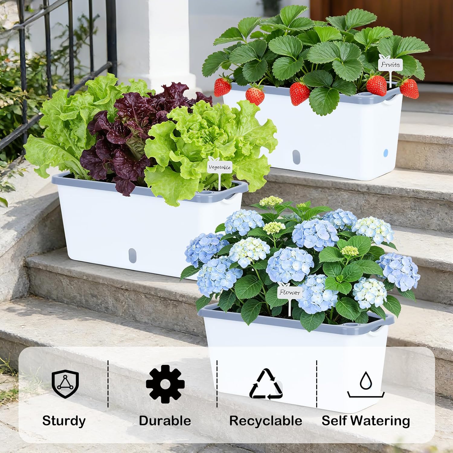 Oliz Window Box Planter 4 Packs, 14 Inches Rectangle Flower Pots with Breathable Drainage Holes, Pots for Vegetables, Herbs, Flowers, Garden Windowsill Balcony (White & Grey)