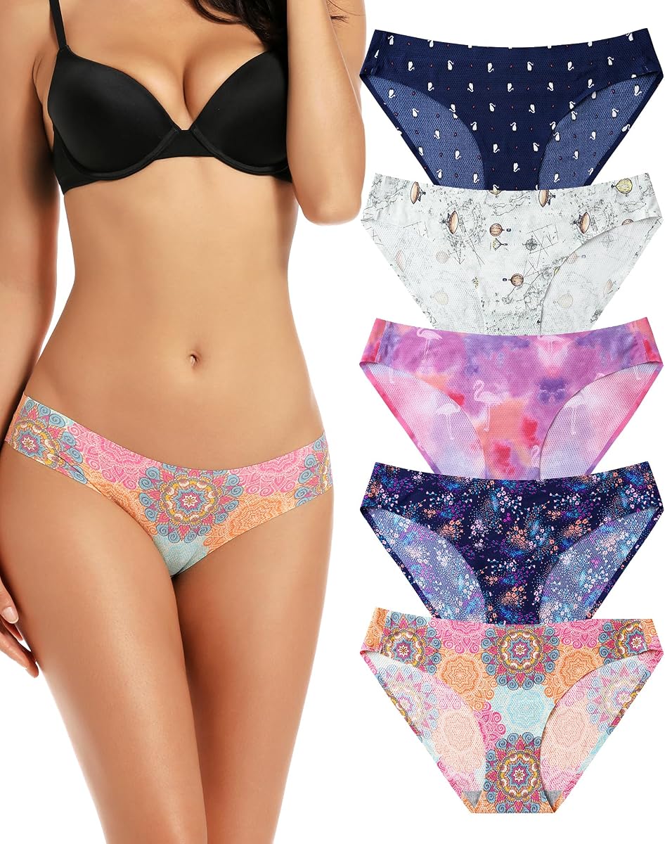 voenxe Ropa interior de bikini para mujer, bragas invisibles transpirables sin costuras para mujer | Paquete de 5 calzoncillos invisibles cómodos, ropa interior de entrenamiento de malla suave para mujer sin costuras, bragas Hipster elásticas y cómodas para gimnasio, paquete múltiple