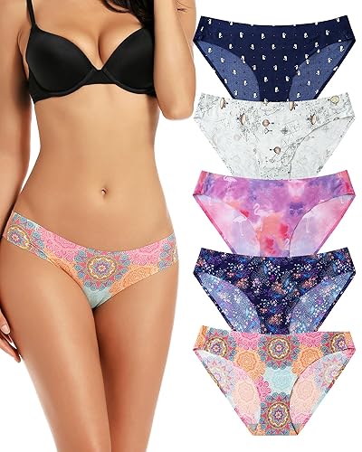 voenxe Women Bikini Underwear,Seamless Breathable Ladies Panties,No Show Comfortable Briefs Undies,Invisible Hipster,5-Pack - Medium - B-5 Pack Pattern Design