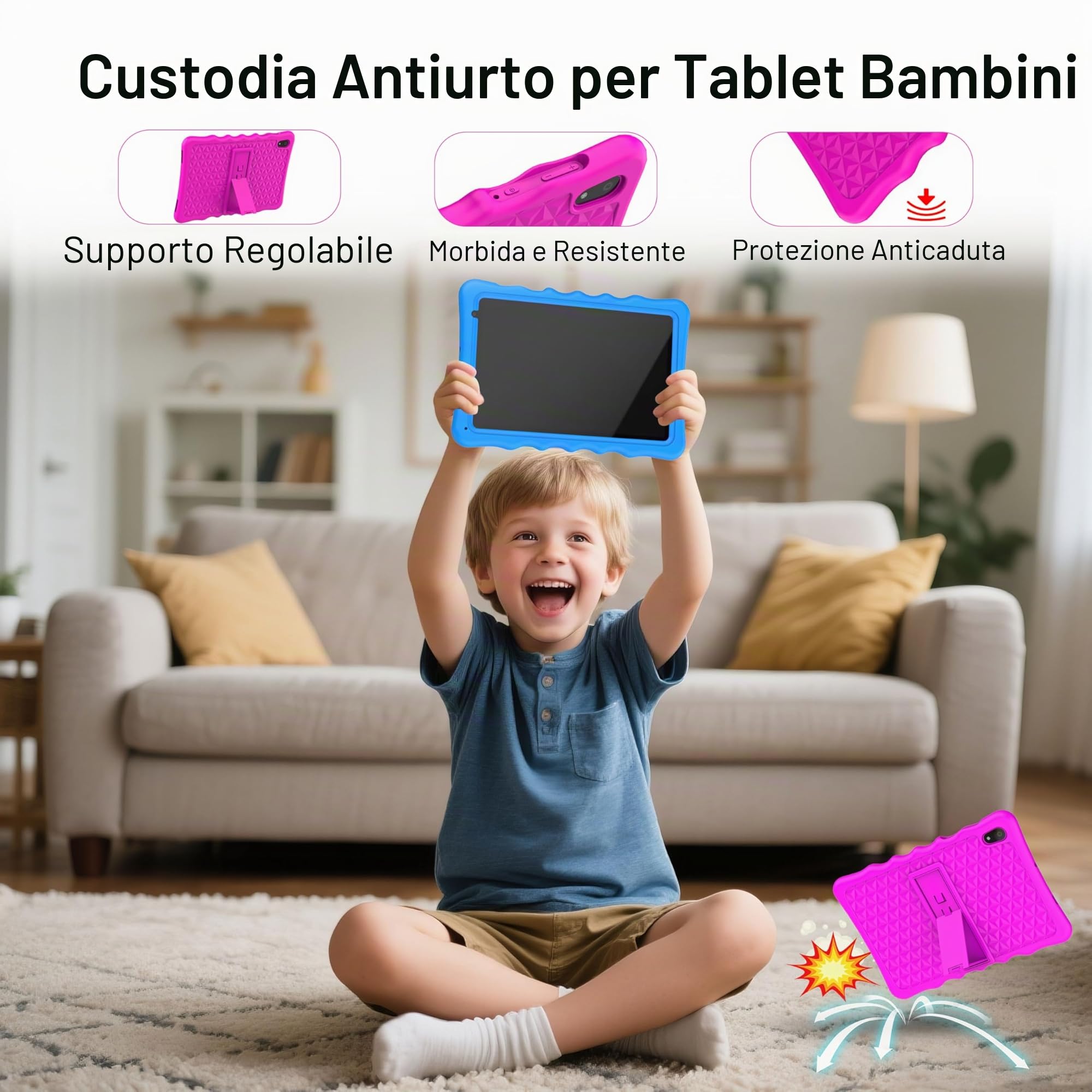 Tablet per bambini, Tablet per bambini con custodia protettiva antiurto, doppia fotocamera, Bluetooth, WiFi, tablet Android 13 da 10,1 pollici per bambini