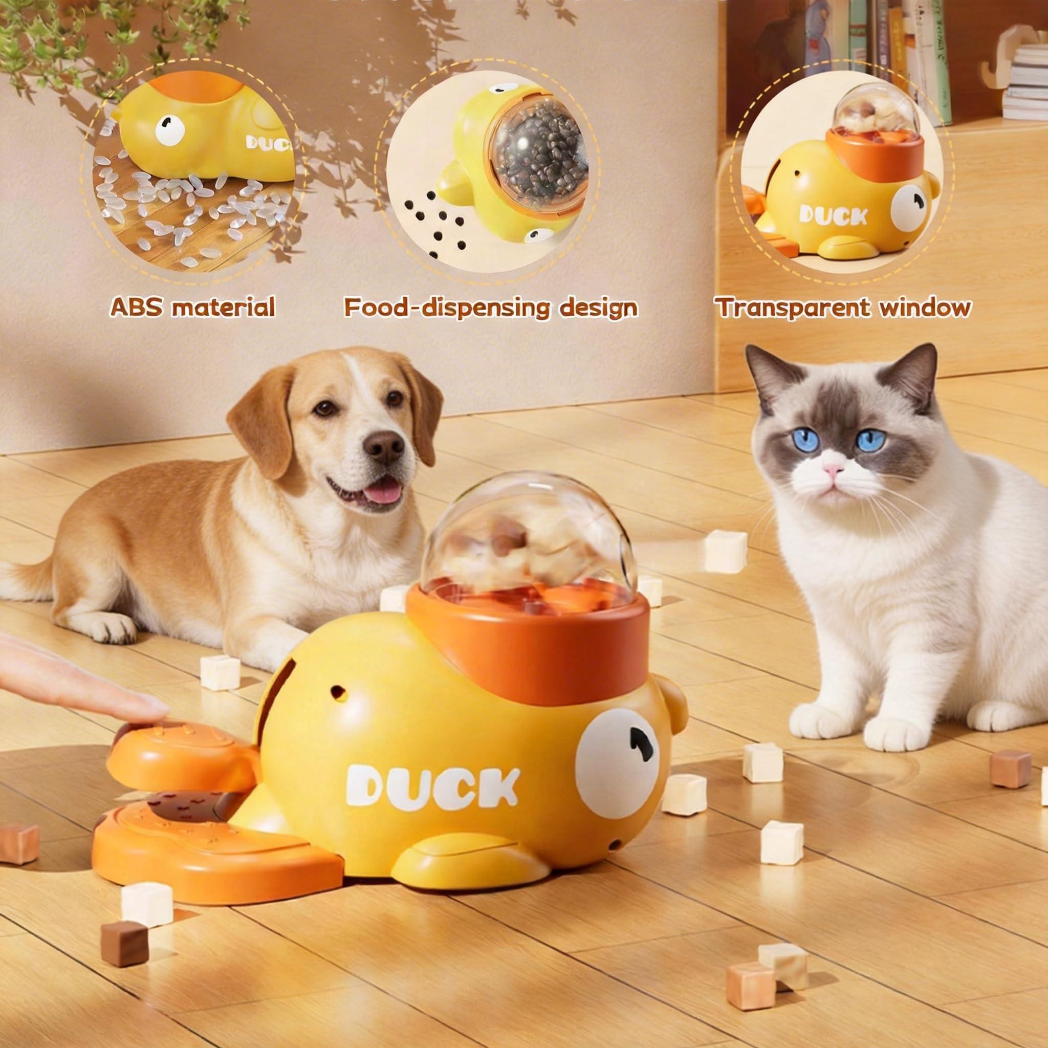 Distributeur Croquettes Chat Forme de Canard Jaune, 2 en 1 Distributeur Croquettes Chien avec 3 Couvercles, Jouet Interactif Chien, Educational Pet Feeder Toy, Jouet Intelligence Chat