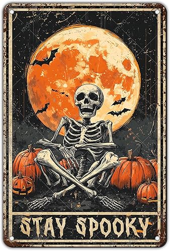 Letrero de metal con diseño de esqueleto de Halloween, diseño de esqueleto espeluznante, decoración de pared, divertido letrero de aluminio para