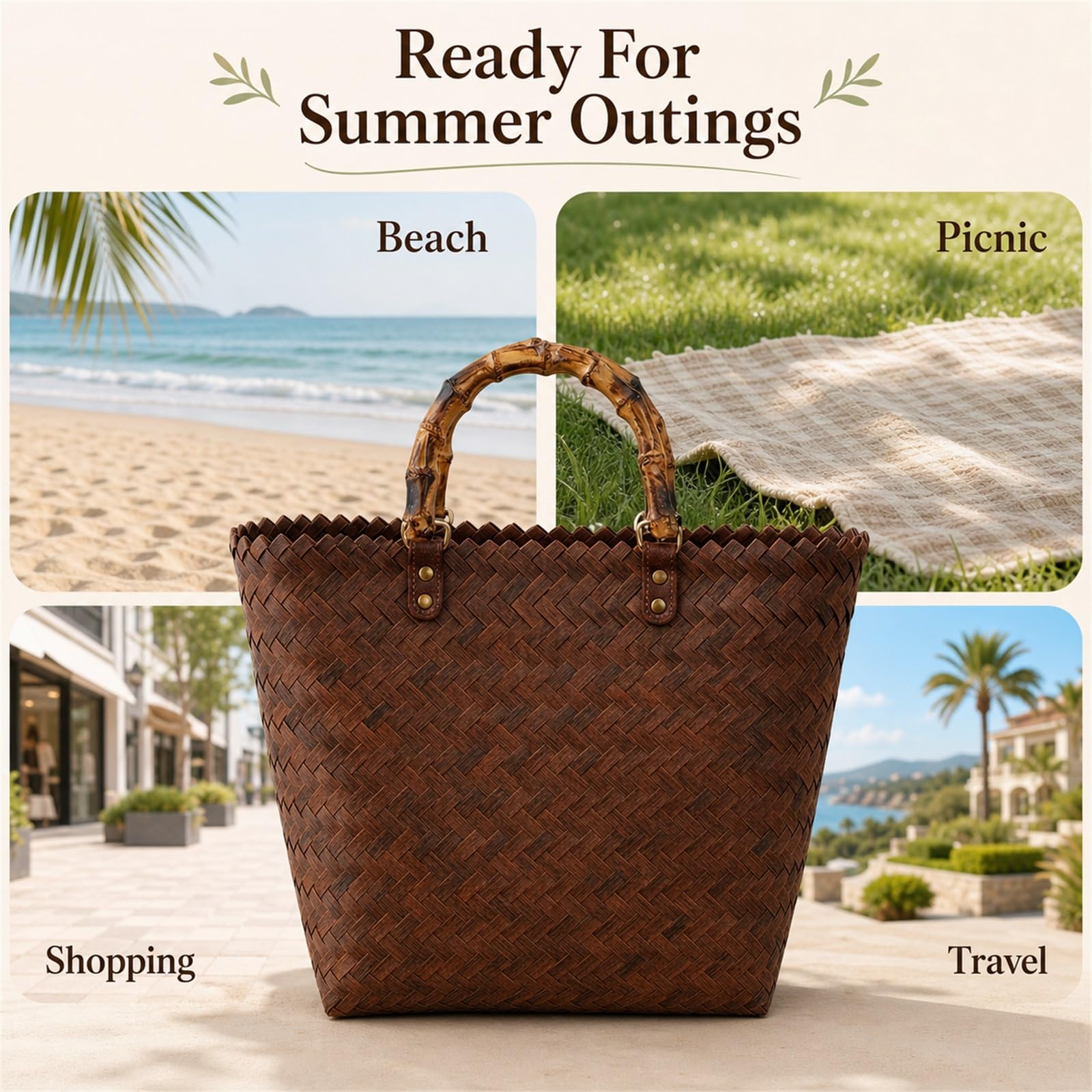 Sac De Plages en Paille,Panier De Plages en Osier,Panier De Plages en Paille,Sac Cabas en Paille,Sac De Shopping Tressé,Sac De Plages en Paille pour Femme Grande Capacité