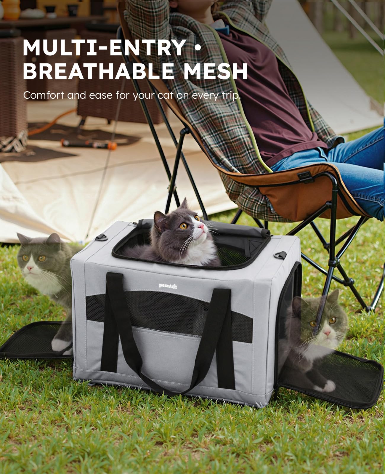 pecute Katzentransportbox Faltbar Stabiler Halt Haustier Tragetasche, Transportbox Katze Leicht, Faltbar Katzen Tasche für Katzen und kleine Hunde, ideal für Reisen, Grau